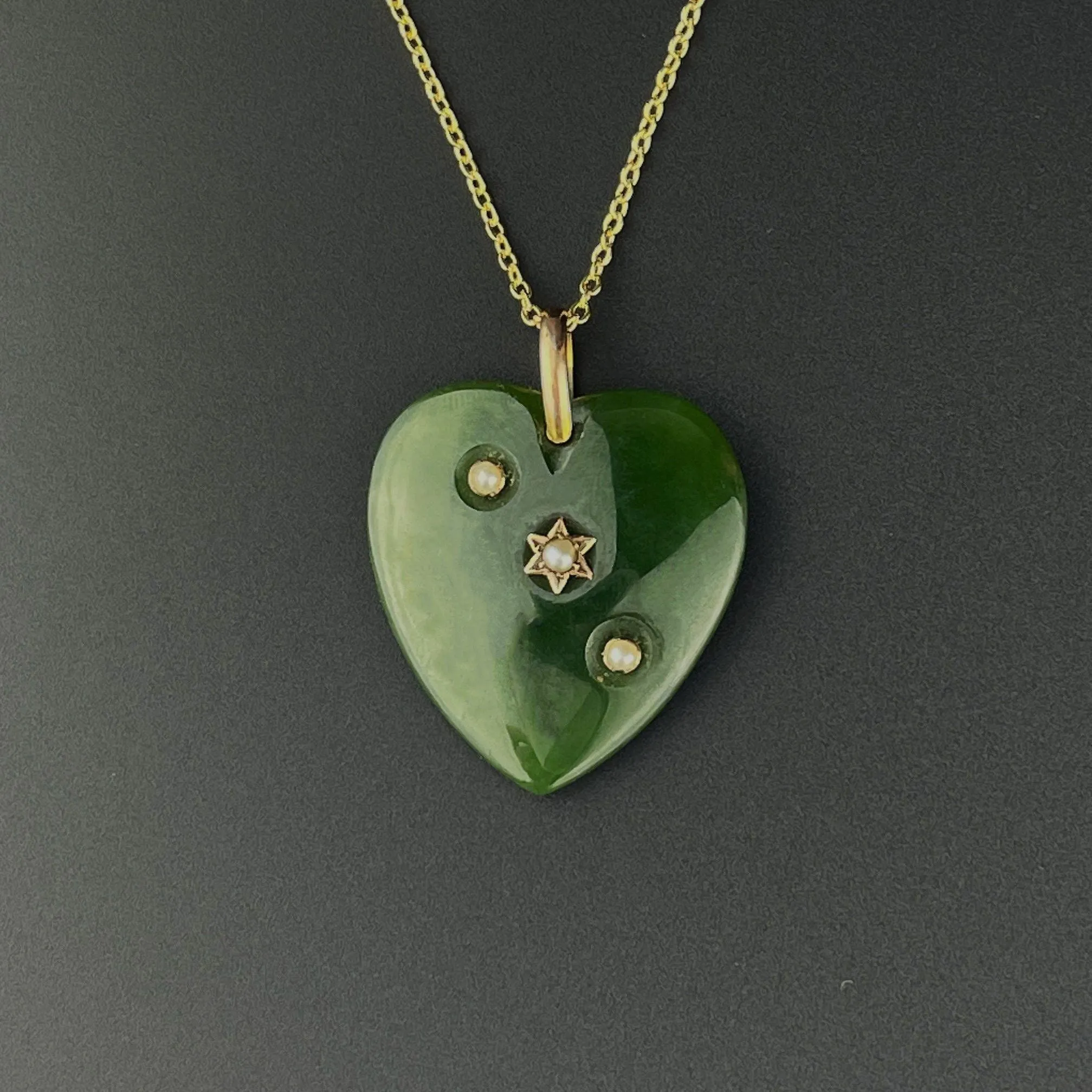 Antique Seed Pearl Jade Heart Pendant Necklace