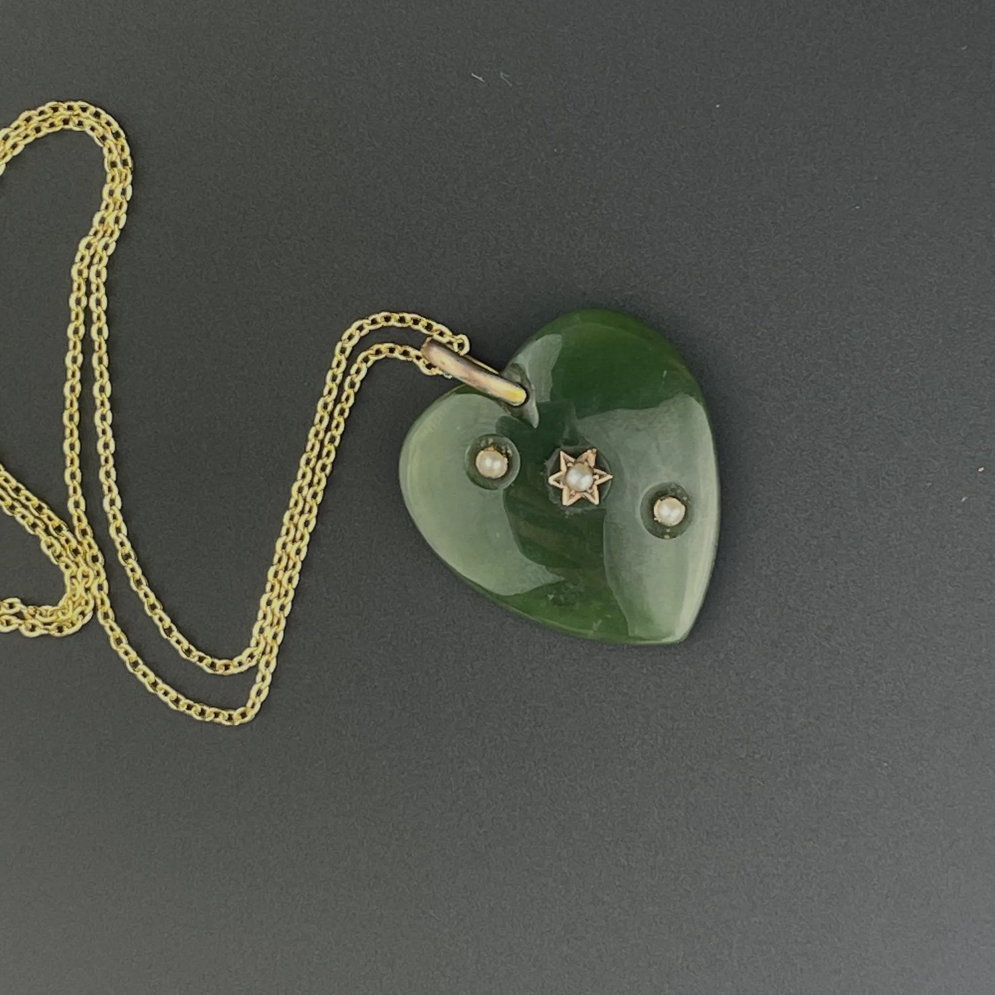 Antique Seed Pearl Jade Heart Pendant Necklace