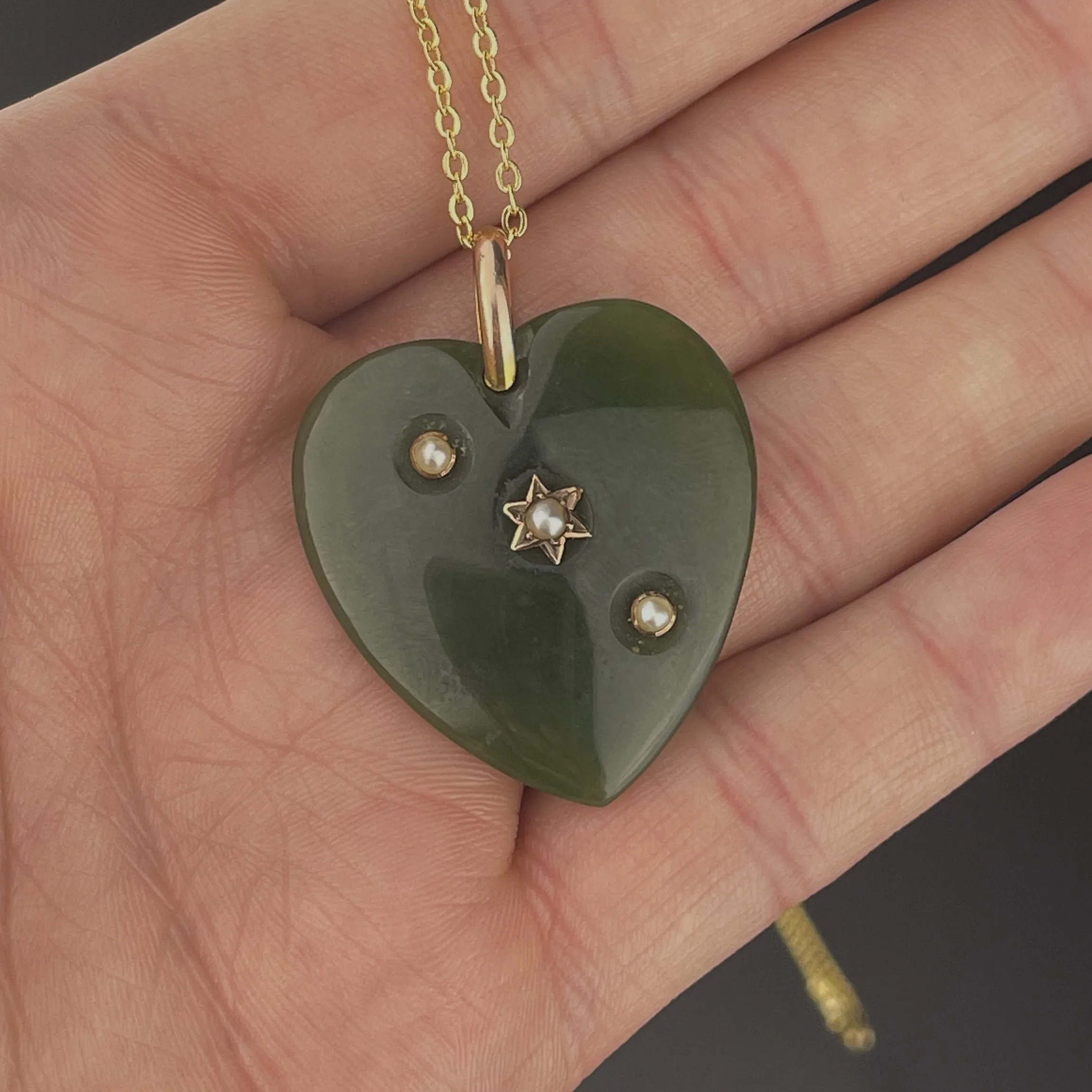 Antique Seed Pearl Jade Heart Pendant Necklace