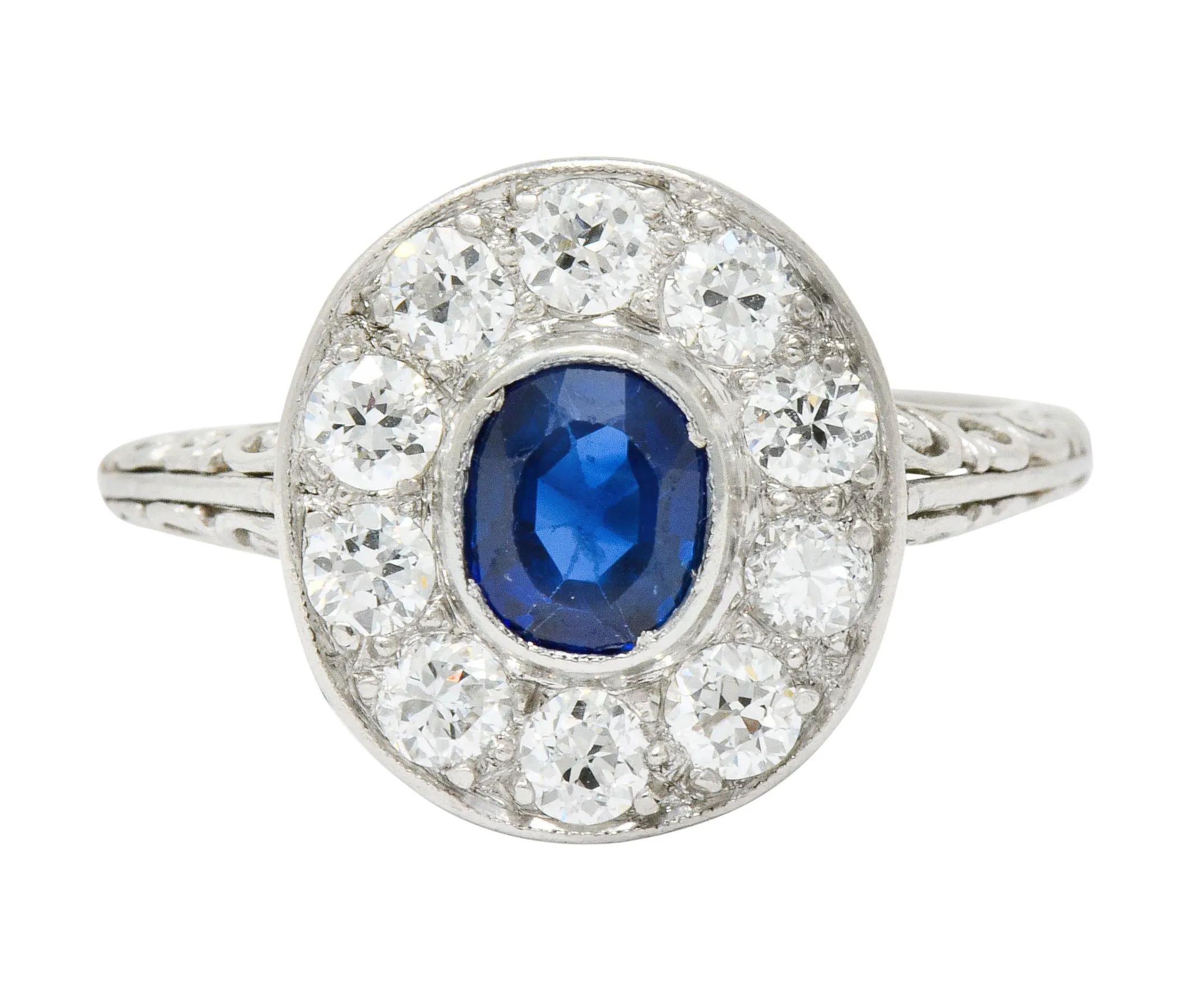 Art Deco 1.70 CTW Sapphire Diamond Platinum Halo Dinner Ring