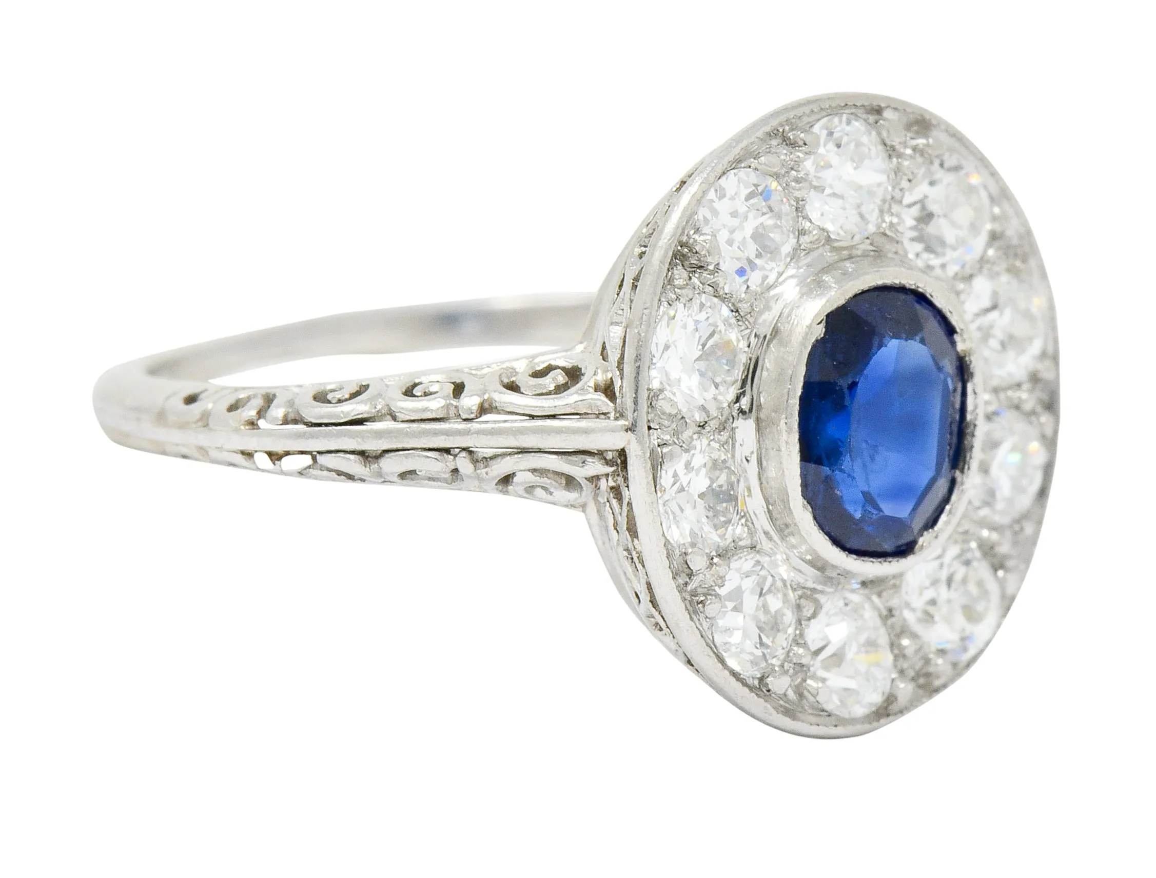 Art Deco 1.70 CTW Sapphire Diamond Platinum Halo Dinner Ring