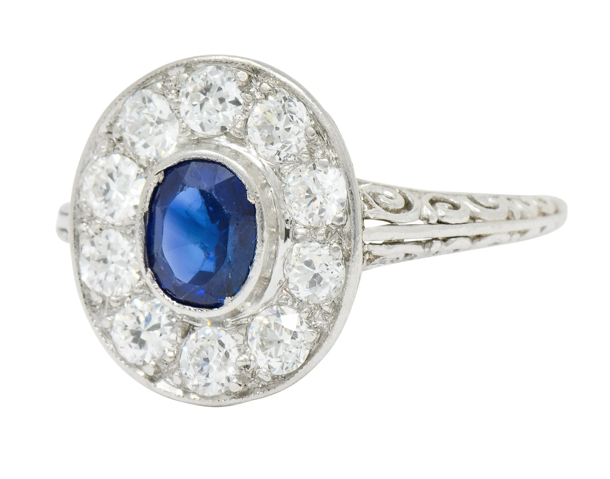 Art Deco 1.70 CTW Sapphire Diamond Platinum Halo Dinner Ring