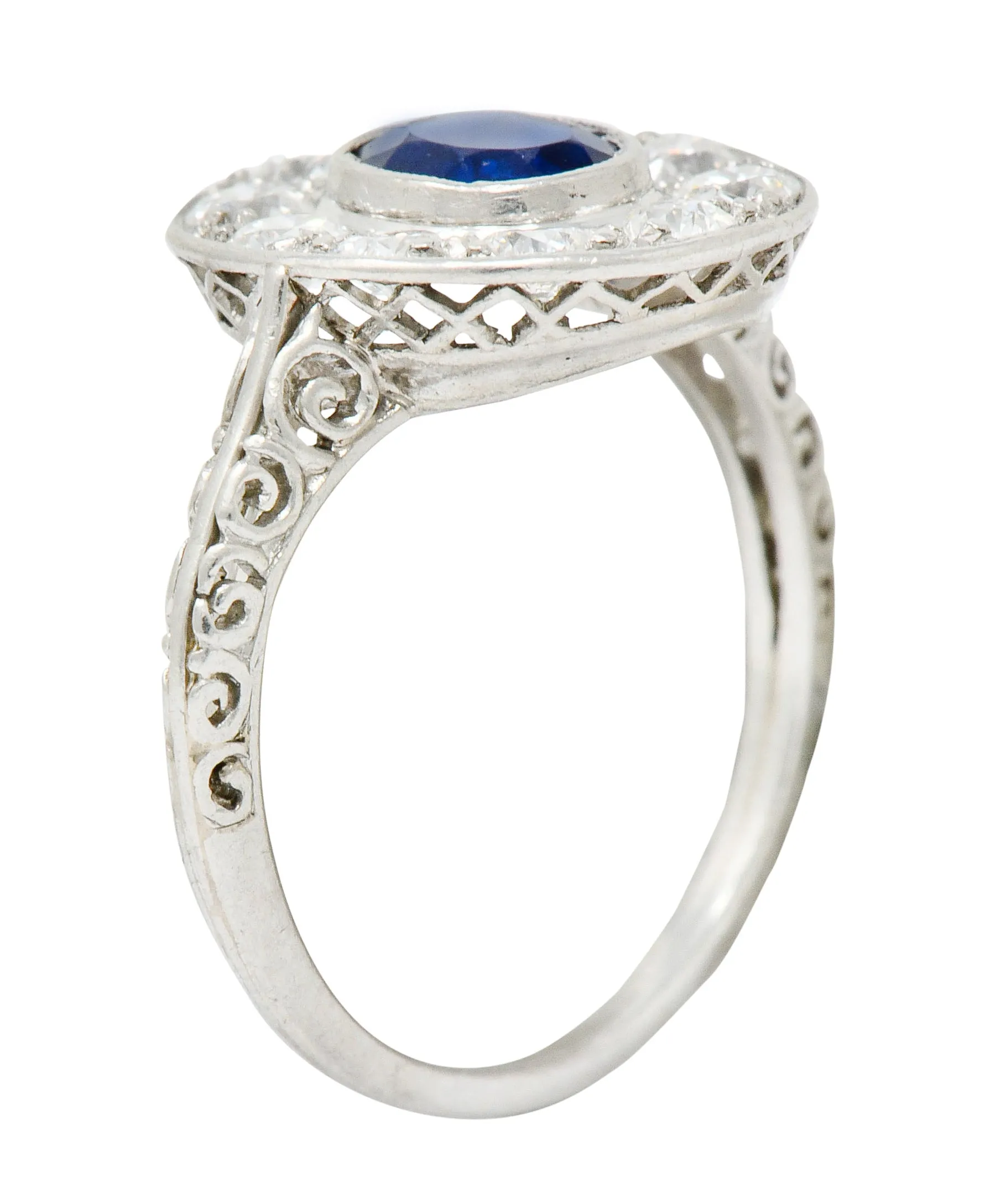 Art Deco 1.70 CTW Sapphire Diamond Platinum Halo Dinner Ring