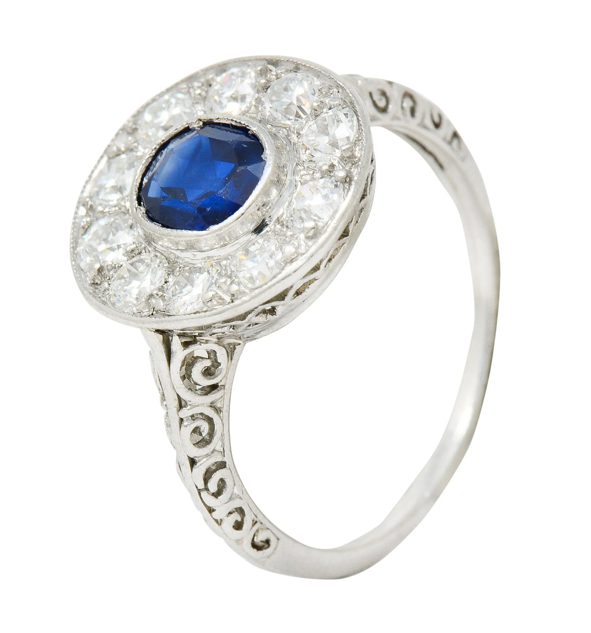 Art Deco 1.70 CTW Sapphire Diamond Platinum Halo Dinner Ring