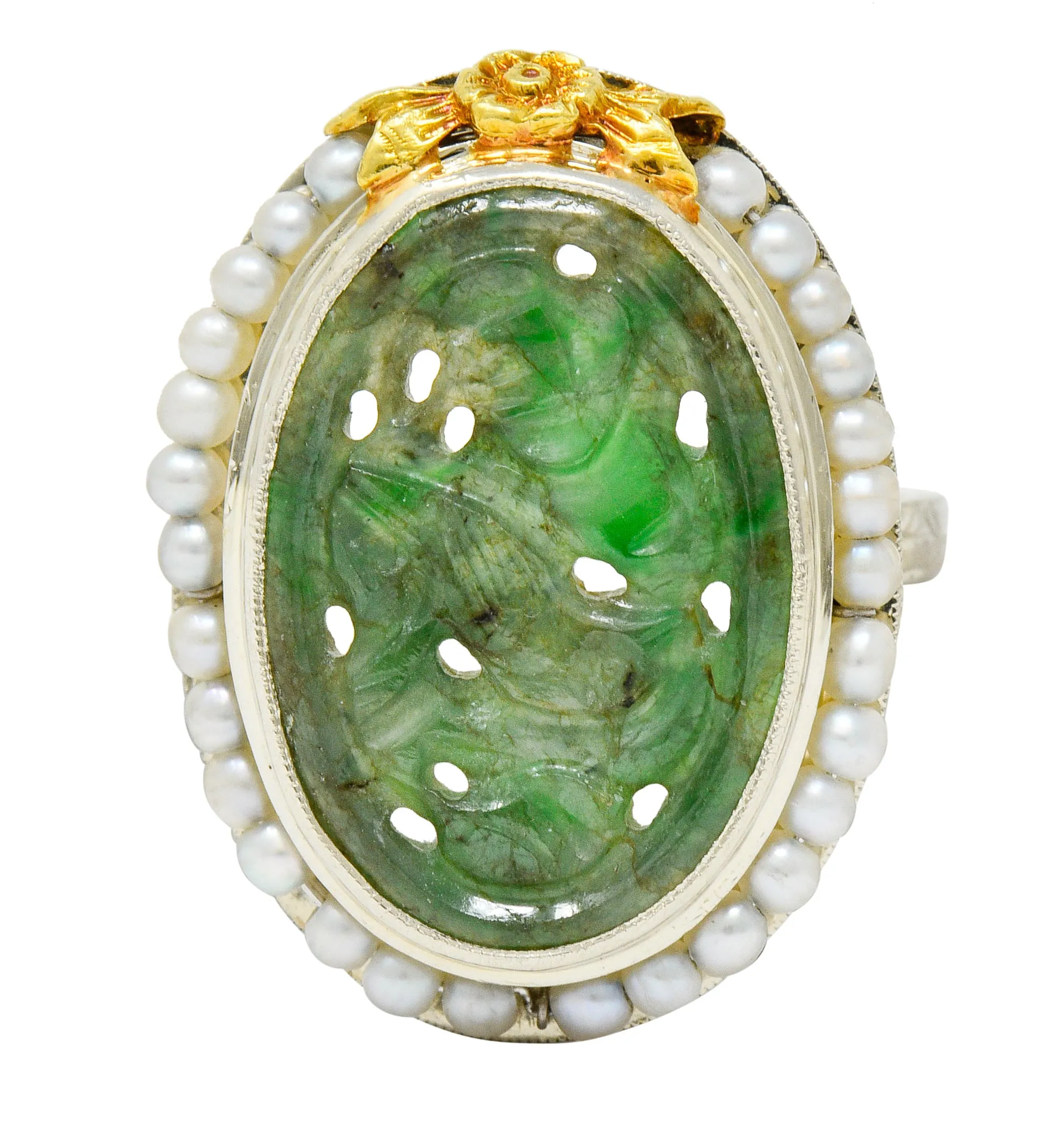 Art Deco Carved Jade Pearl 18 Karat Two-Tone Gold Cluster Ring