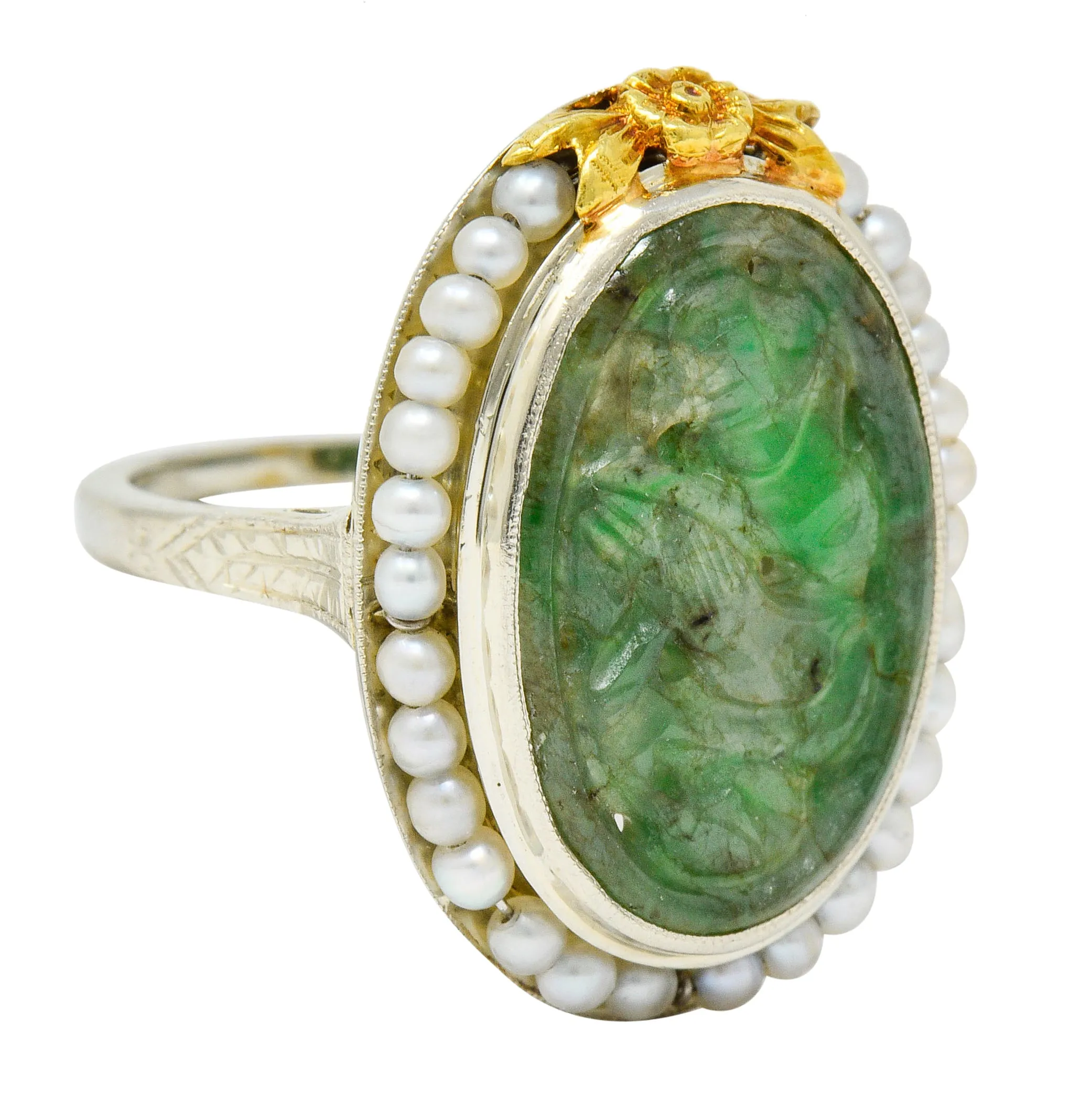 Art Deco Carved Jade Pearl 18 Karat Two-Tone Gold Cluster Ring