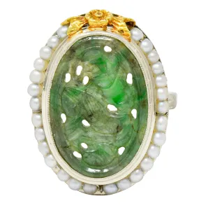 Art Deco Carved Jade Pearl 18 Karat Two-Tone Gold Cluster Ring