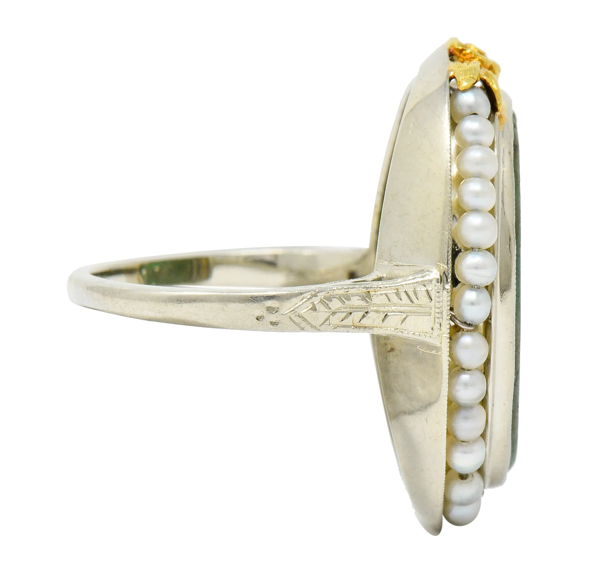 Art Deco Carved Jade Pearl 18 Karat Two-Tone Gold Cluster Ring