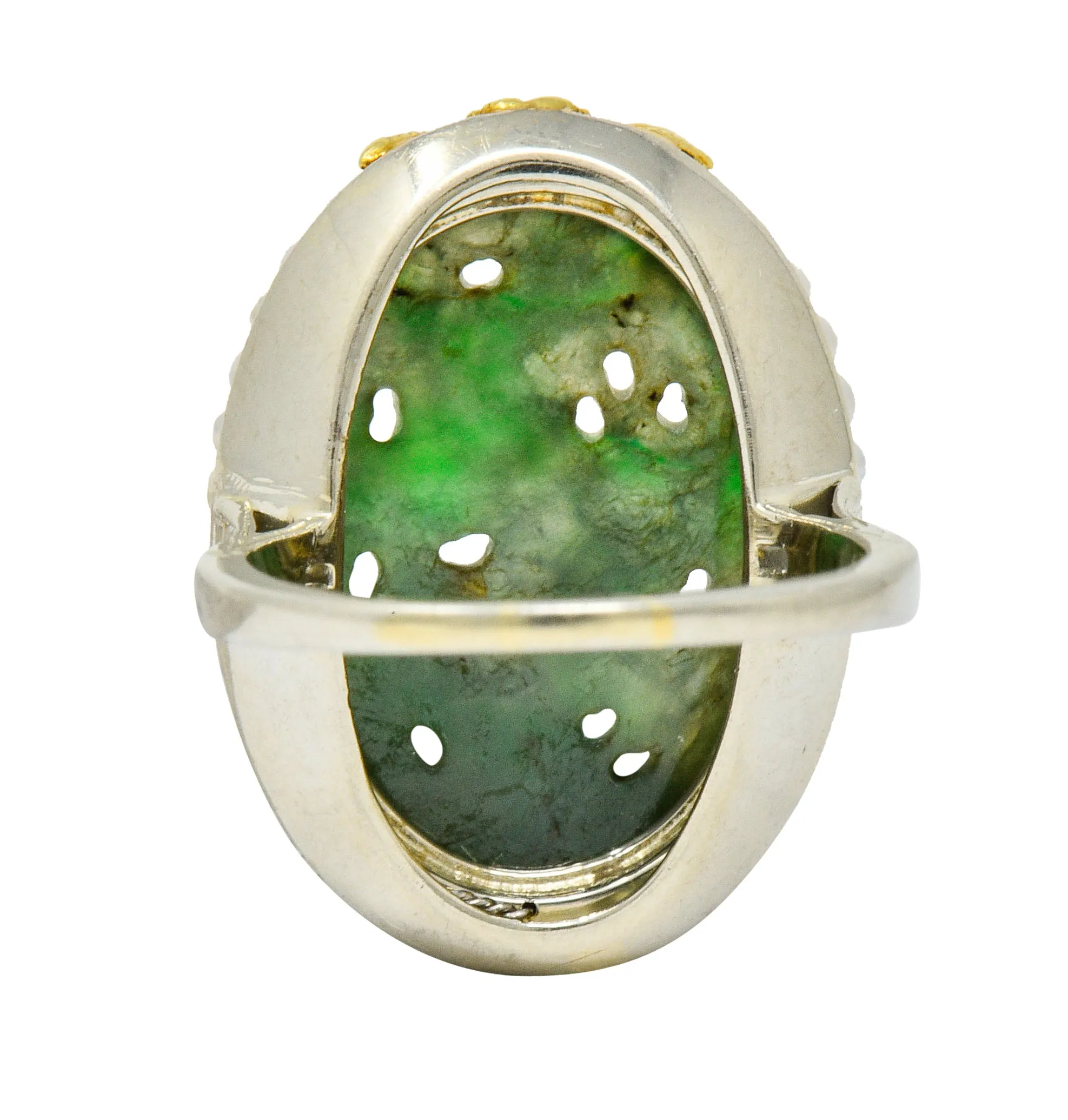 Art Deco Carved Jade Pearl 18 Karat Two-Tone Gold Cluster Ring