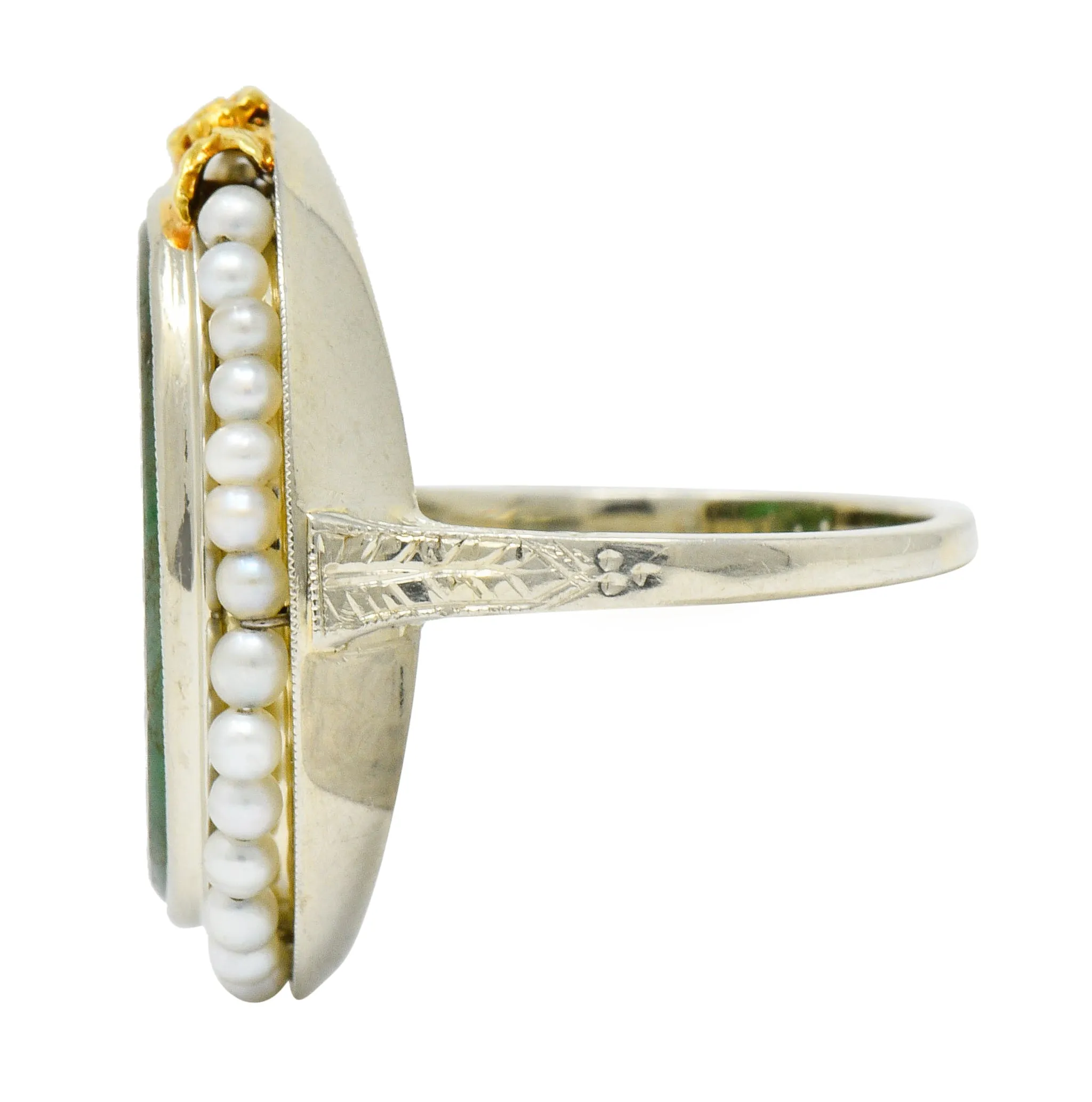 Art Deco Carved Jade Pearl 18 Karat Two-Tone Gold Cluster Ring