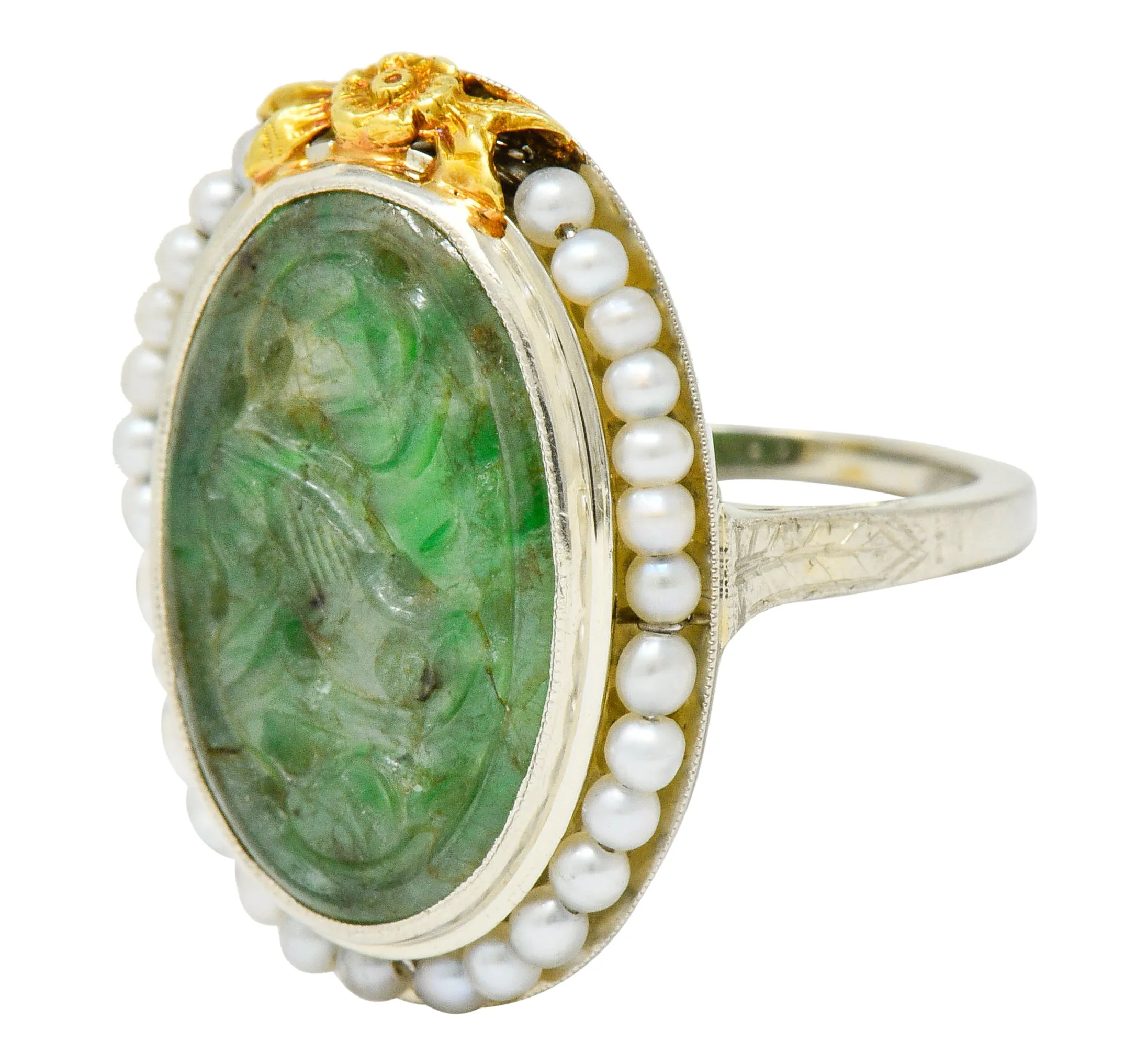 Art Deco Carved Jade Pearl 18 Karat Two-Tone Gold Cluster Ring