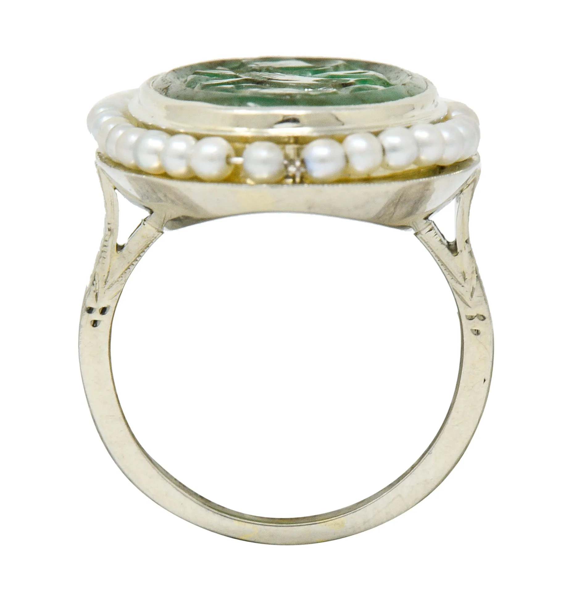 Art Deco Carved Jade Pearl 18 Karat Two-Tone Gold Cluster Ring