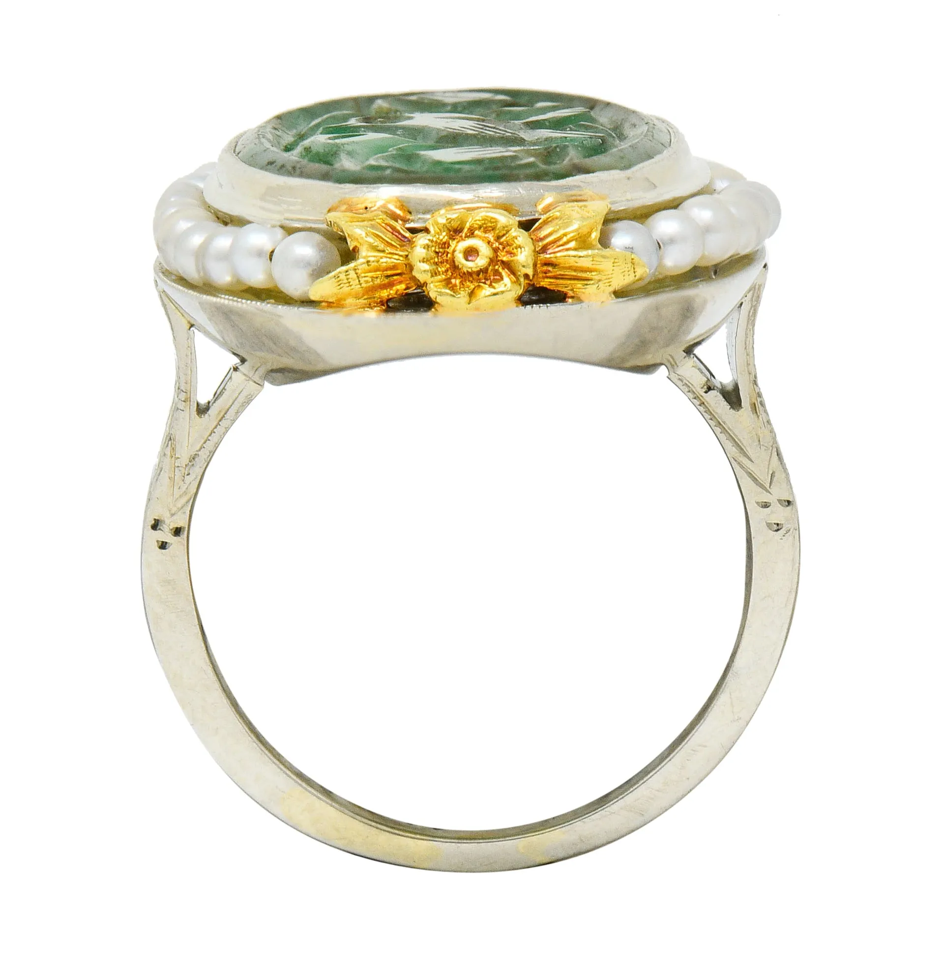 Art Deco Carved Jade Pearl 18 Karat Two-Tone Gold Cluster Ring