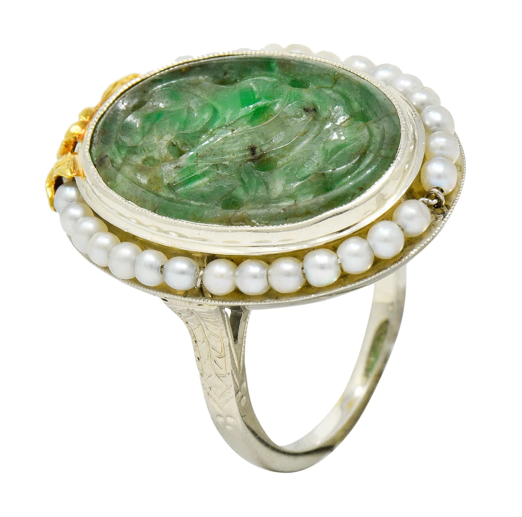 Art Deco Carved Jade Pearl 18 Karat Two-Tone Gold Cluster Ring