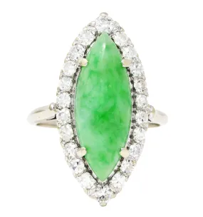 Art Deco Jade Cabochon Diamond 14 Karat White Gold Navette Vintage Cluster Ring