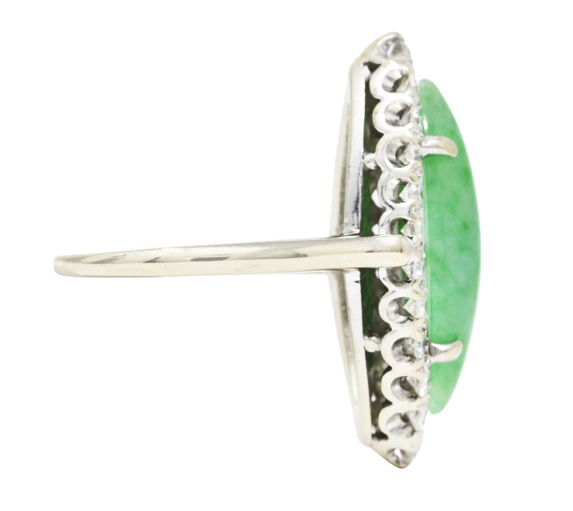 Art Deco Jade Cabochon Diamond 14 Karat White Gold Navette Vintage Cluster Ring