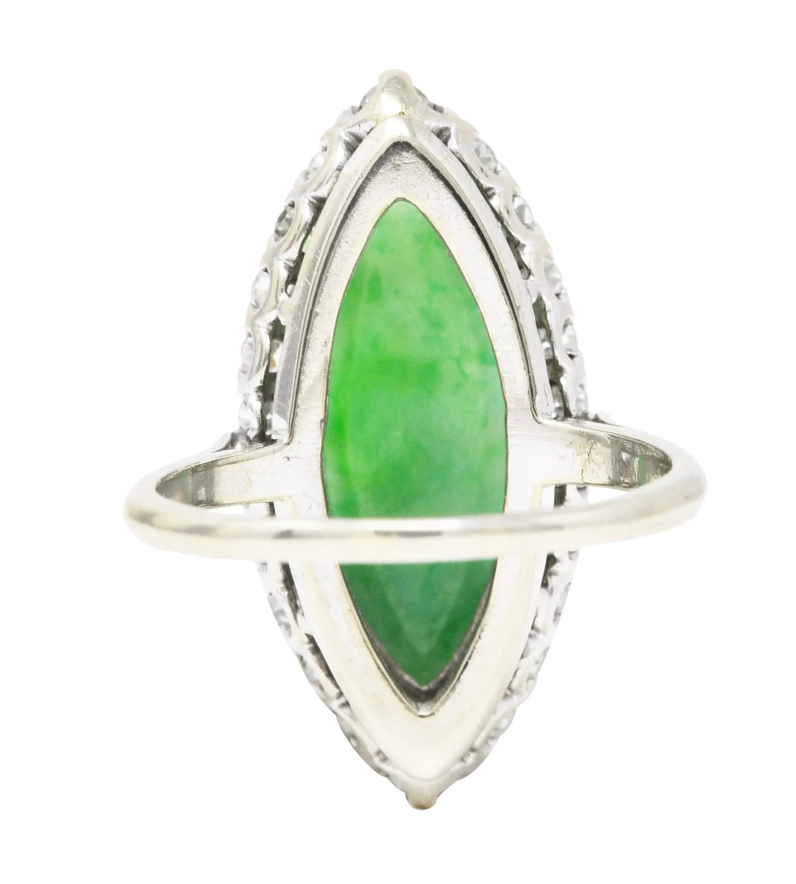 Art Deco Jade Cabochon Diamond 14 Karat White Gold Navette Vintage Cluster Ring