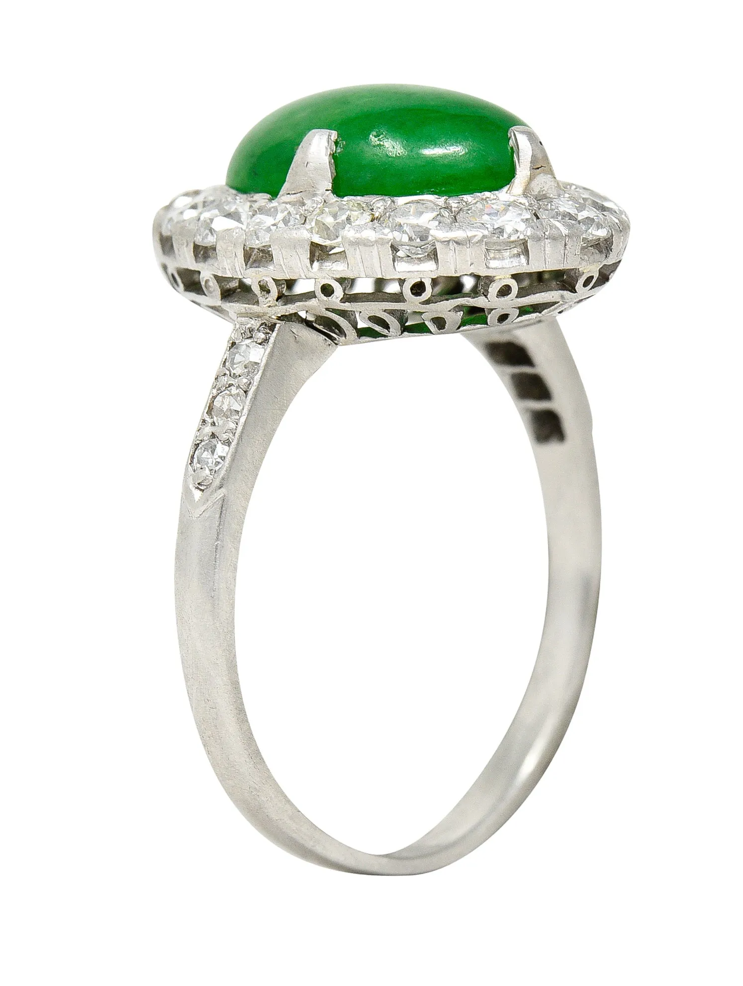 Art Deco Jadeite Jade Cabochon Diamond Platinum Cluster Gemstone Ring GIA