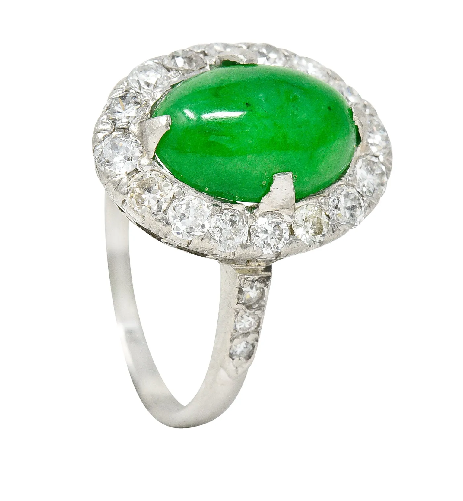 Art Deco Jadeite Jade Cabochon Diamond Platinum Cluster Gemstone Ring GIA