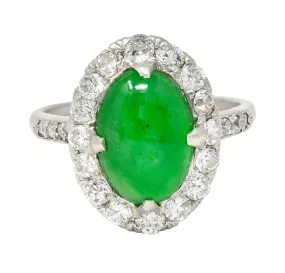 Art Deco Jadeite Jade Cabochon Diamond Platinum Cluster Gemstone Ring GIA