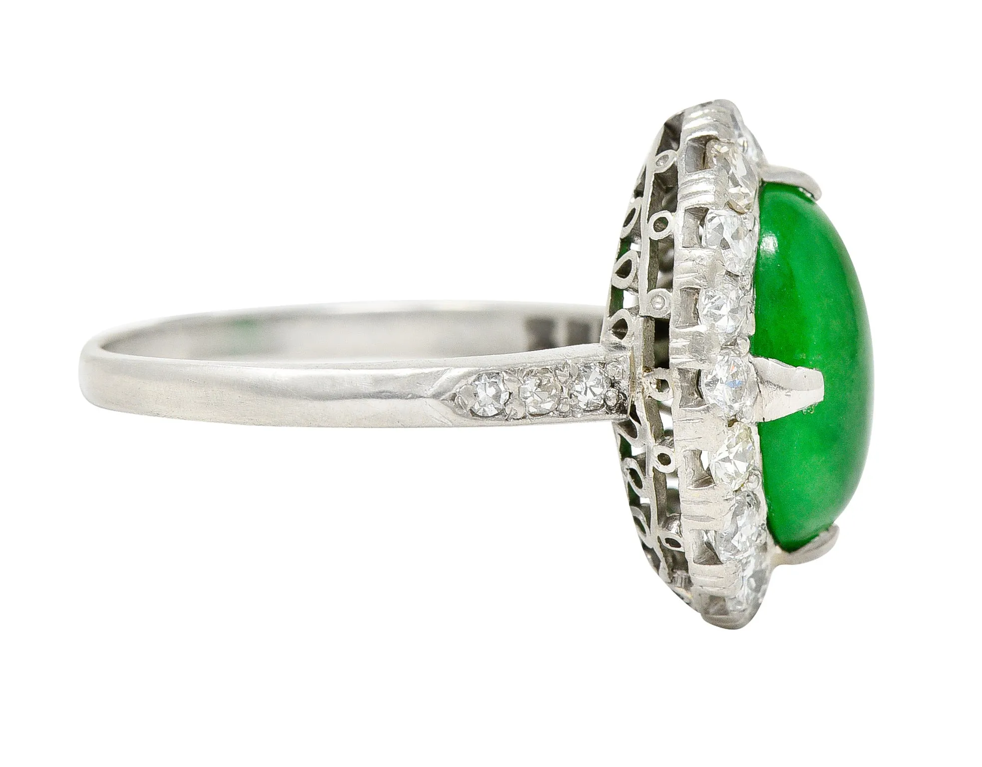 Art Deco Jadeite Jade Cabochon Diamond Platinum Cluster Gemstone Ring GIA