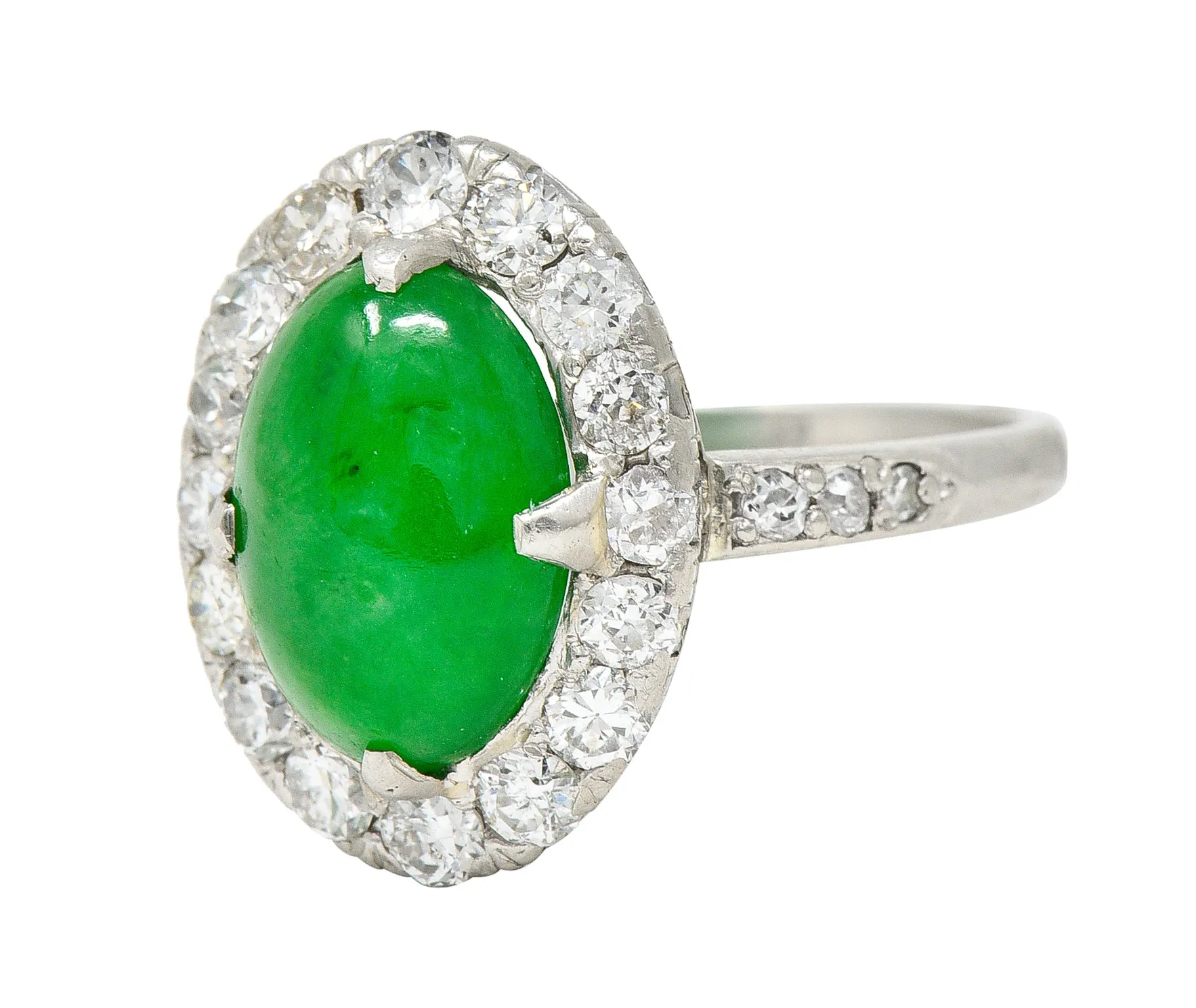 Art Deco Jadeite Jade Cabochon Diamond Platinum Cluster Gemstone Ring GIA