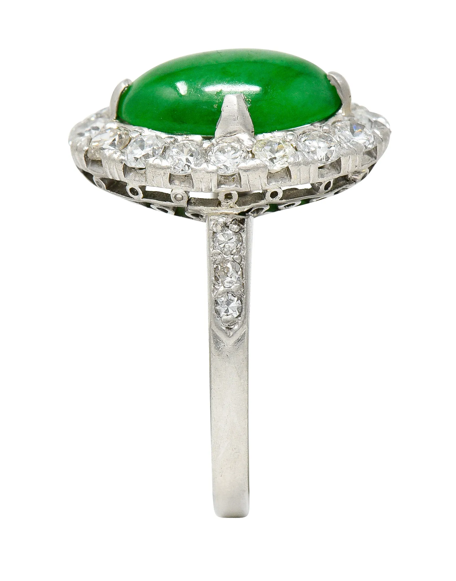 Art Deco Jadeite Jade Cabochon Diamond Platinum Cluster Gemstone Ring GIA