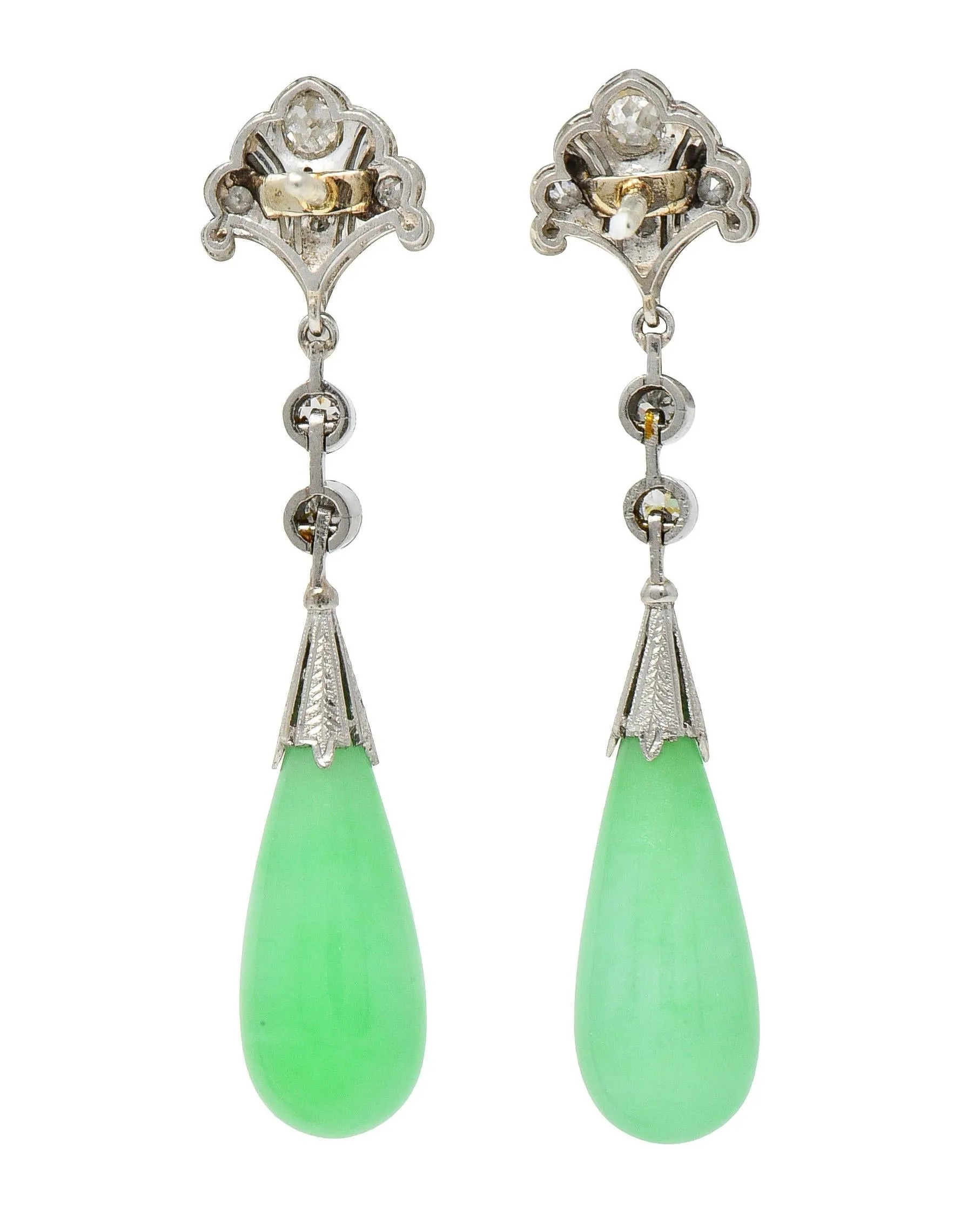 Art Deco Jadeite Jade Diamond Platinum Fanning Lotus Flower Vintage Drop Earrings