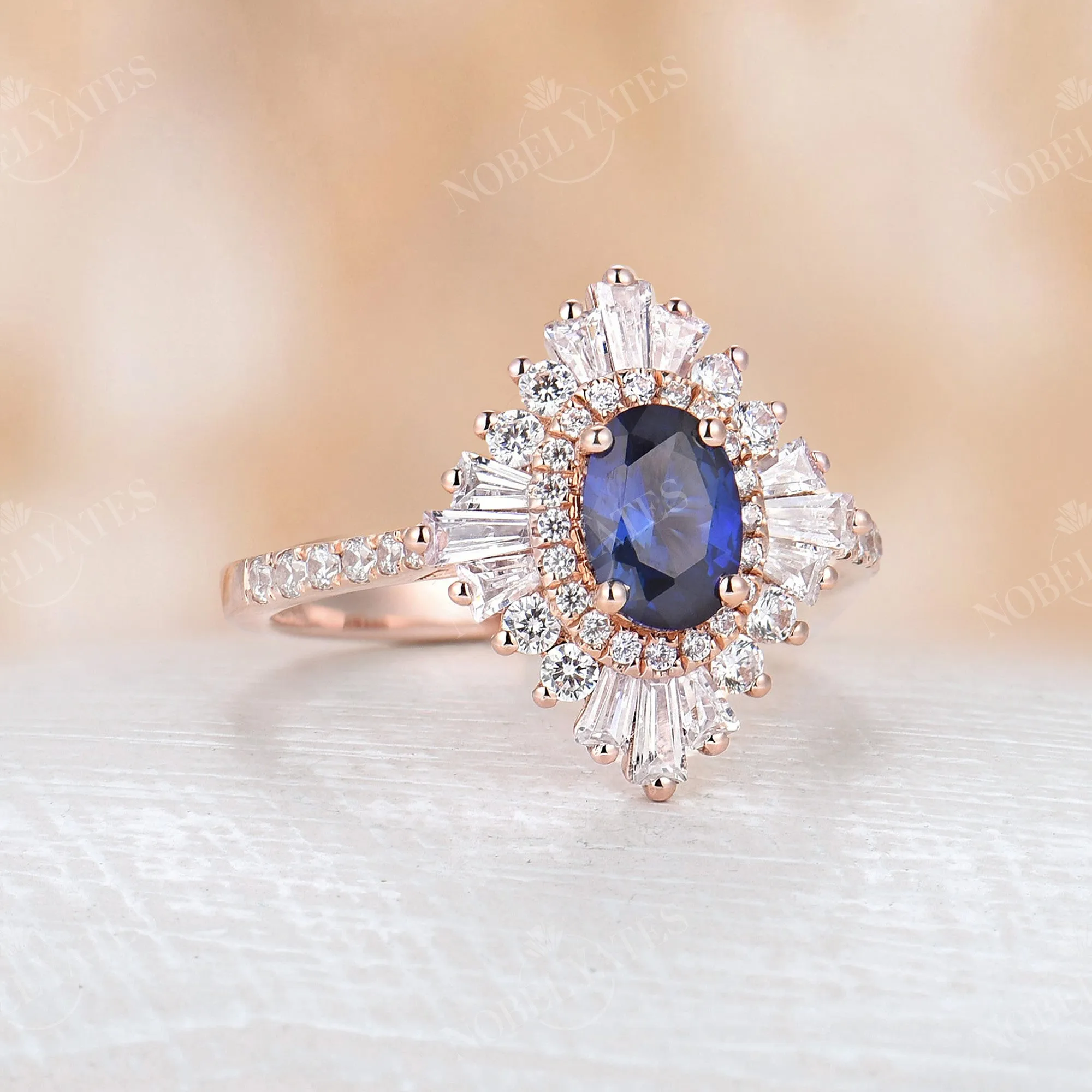 Art deco Oval Lab Sapphire Halo Pave Engagement Ring Rose Gold