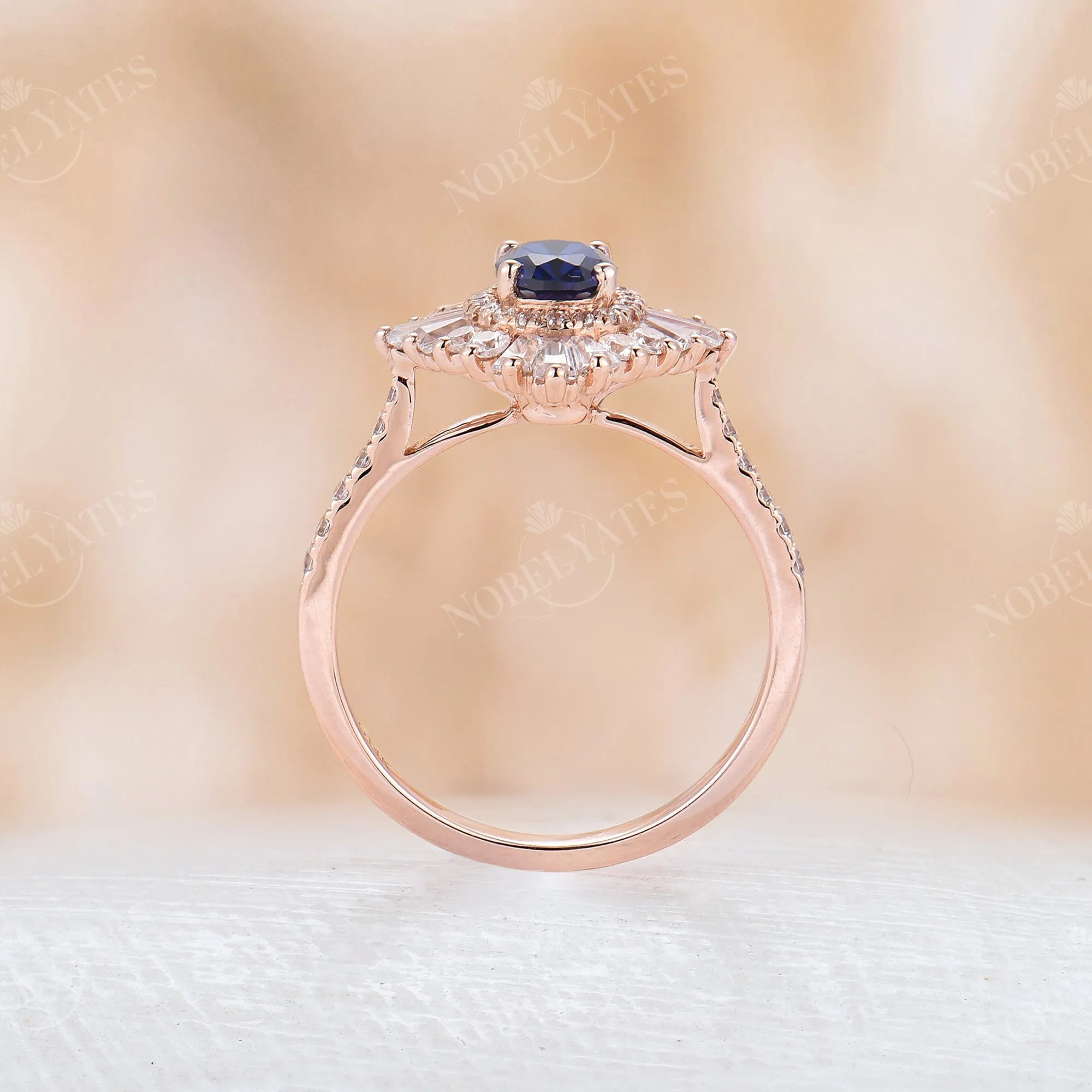 Art deco Oval Lab Sapphire Halo Pave Engagement Ring Rose Gold