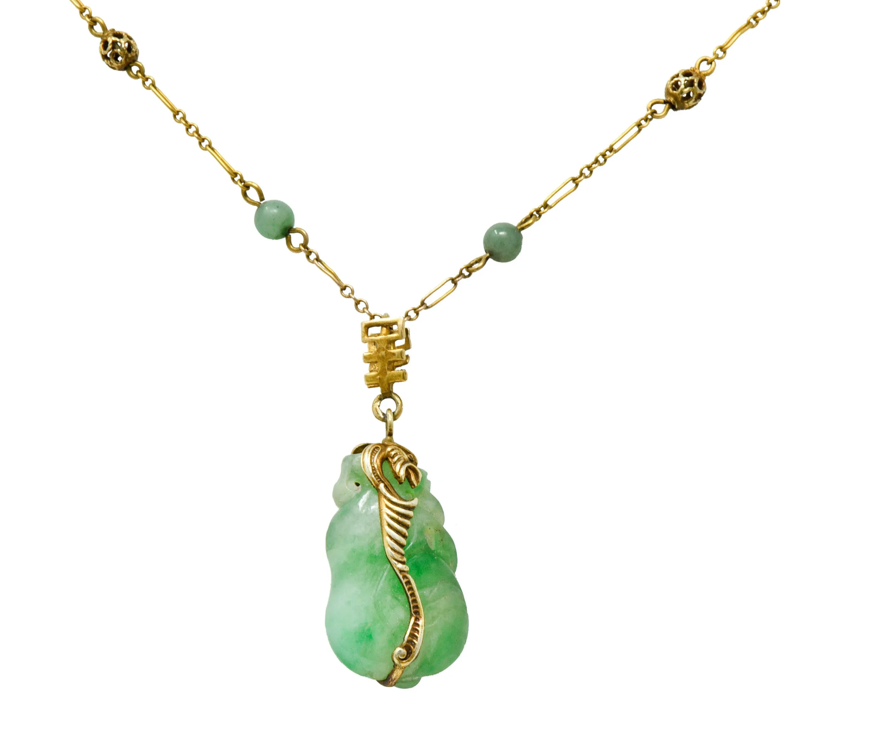 Art Nouveau Carved Jade 14 Karat Gold Drop Station Necklace