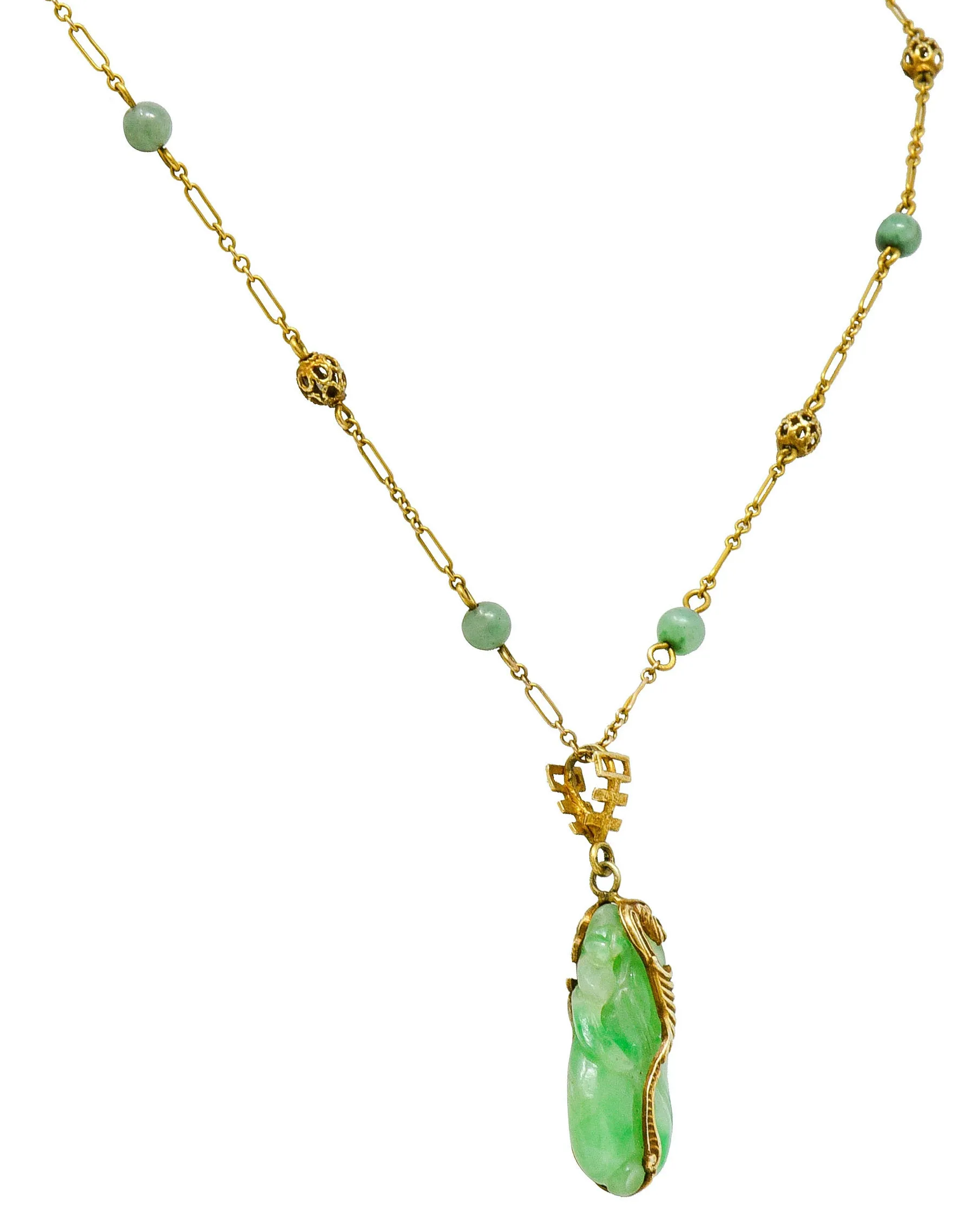 Art Nouveau Carved Jade 14 Karat Gold Drop Station Necklace