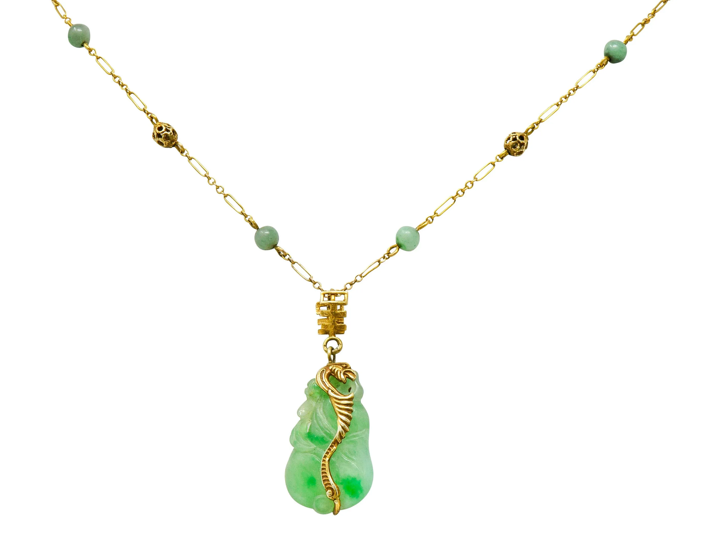 Art Nouveau Carved Jade 14 Karat Gold Drop Station Necklace