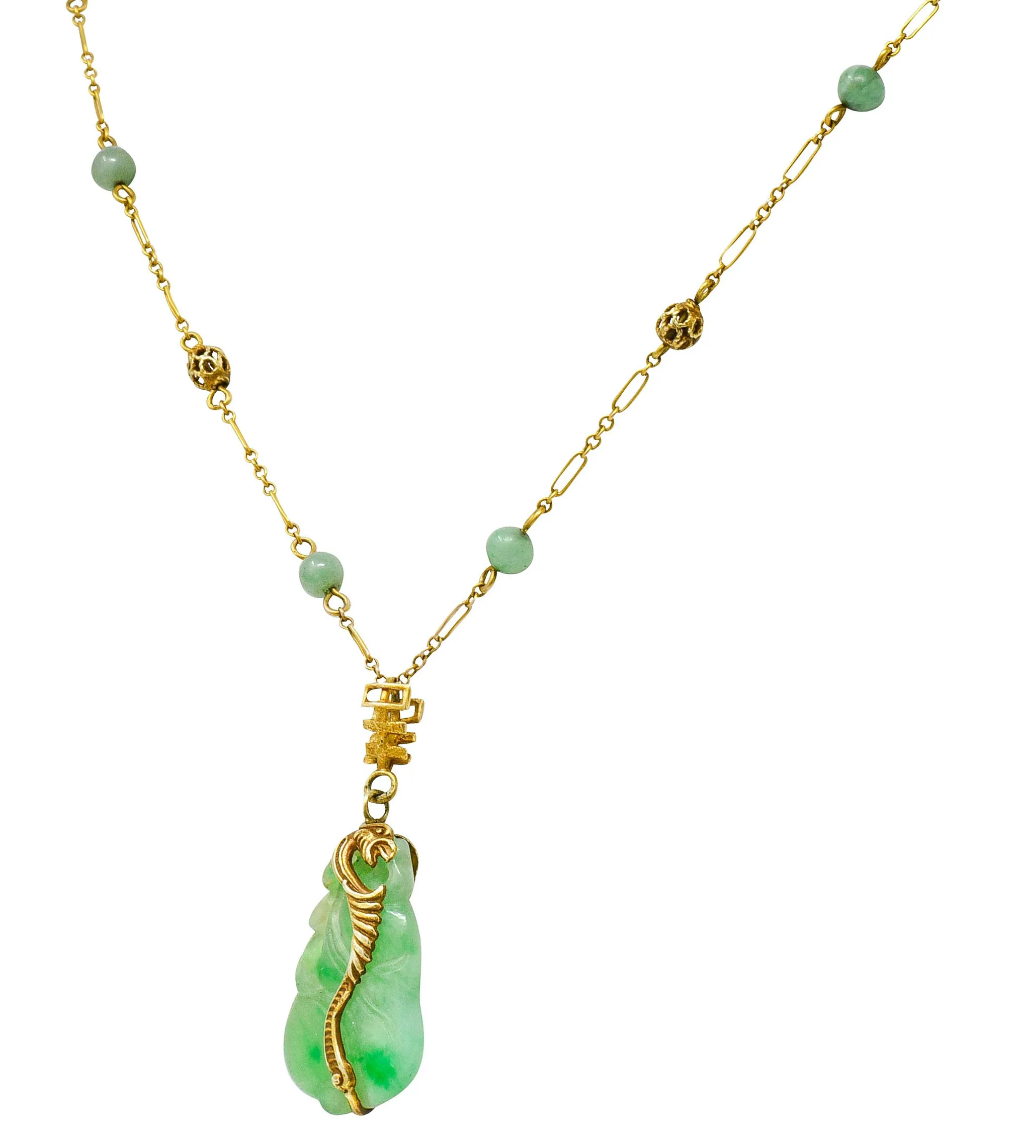 Art Nouveau Carved Jade 14 Karat Gold Drop Station Necklace