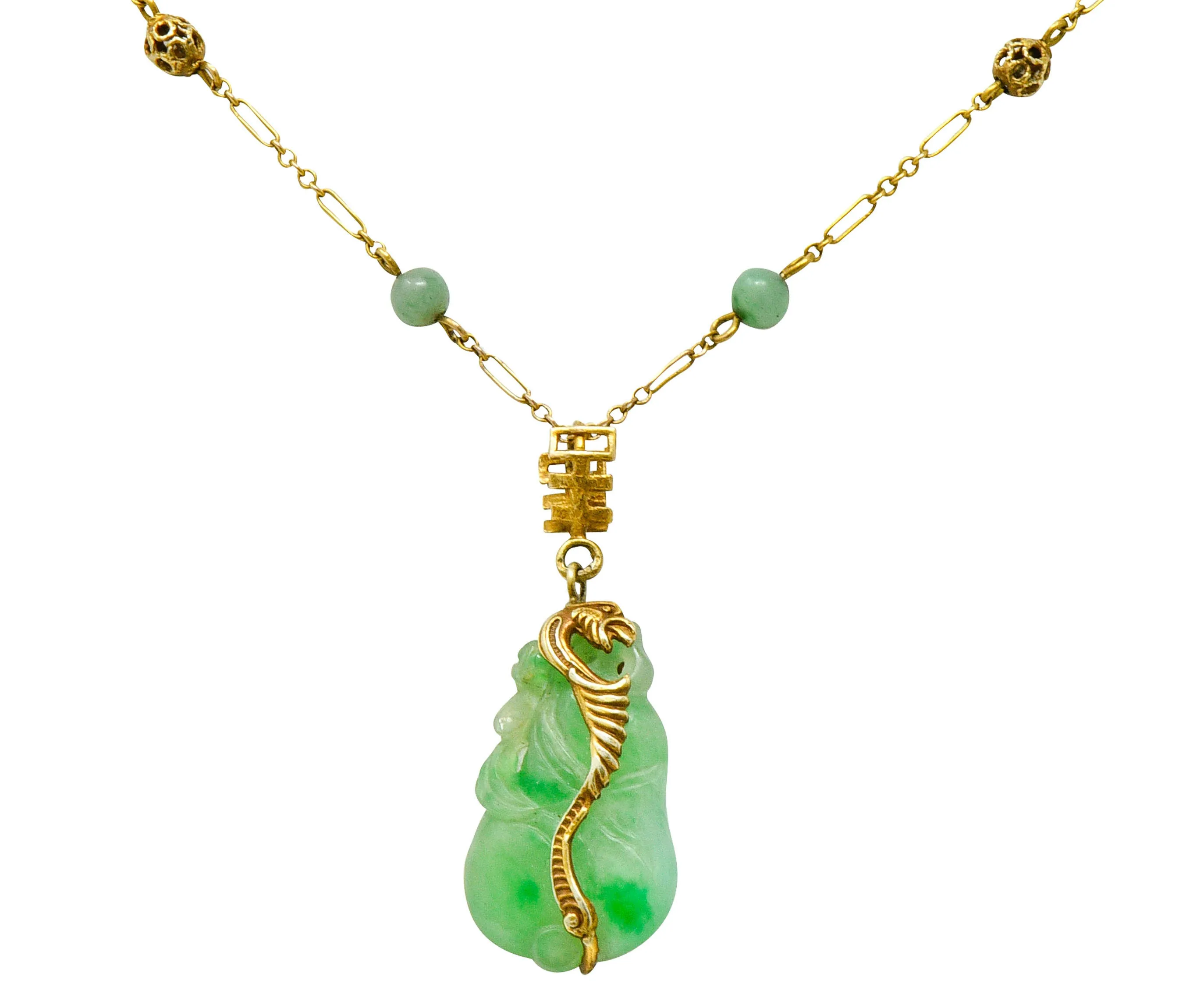 Art Nouveau Carved Jade 14 Karat Gold Drop Station Necklace