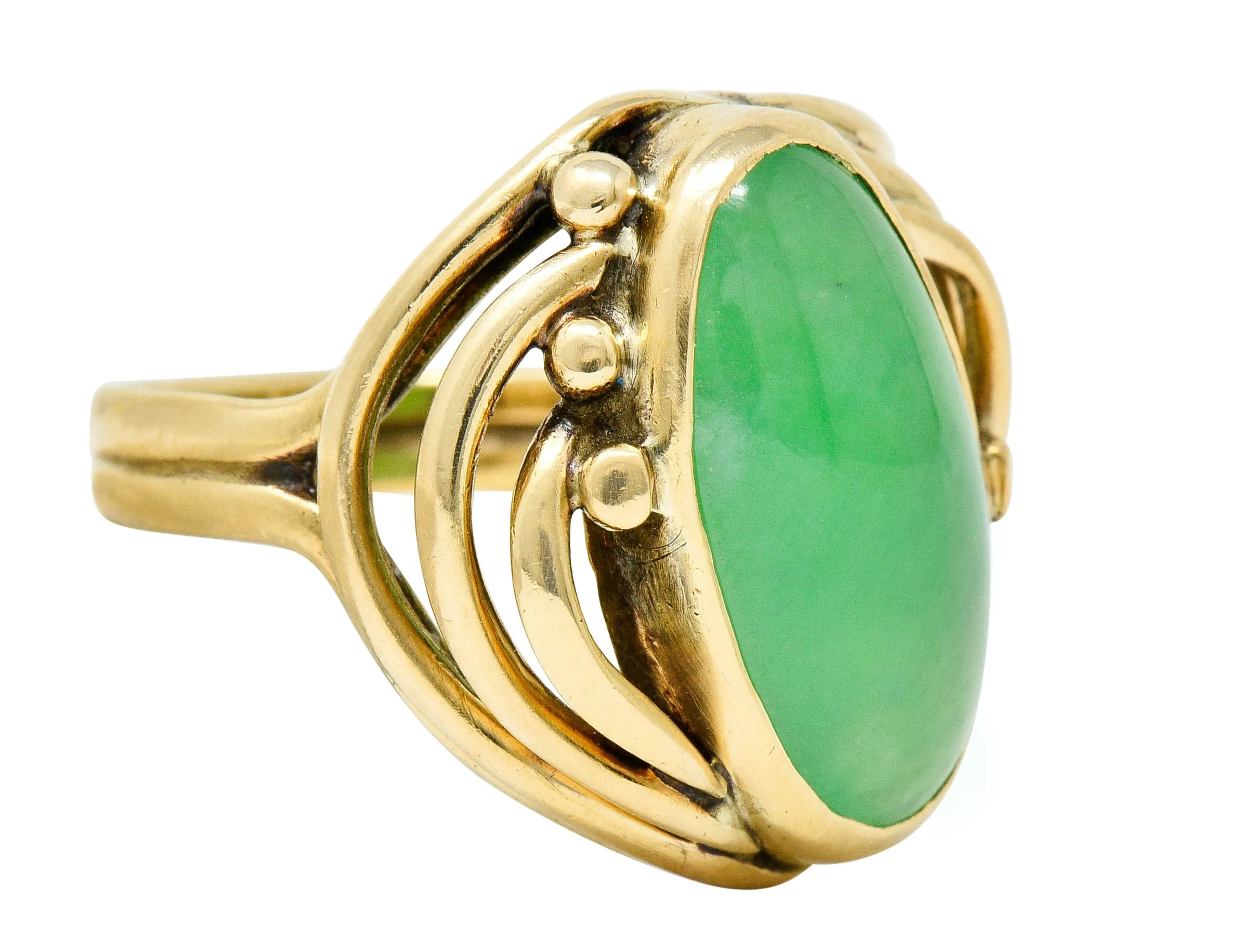 Art Nouveau Jadeite Jade Cabochon 14 Karat Gold Band Ring GIA