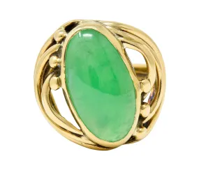 Art Nouveau Jadeite Jade Cabochon 14 Karat Gold Band Ring GIA