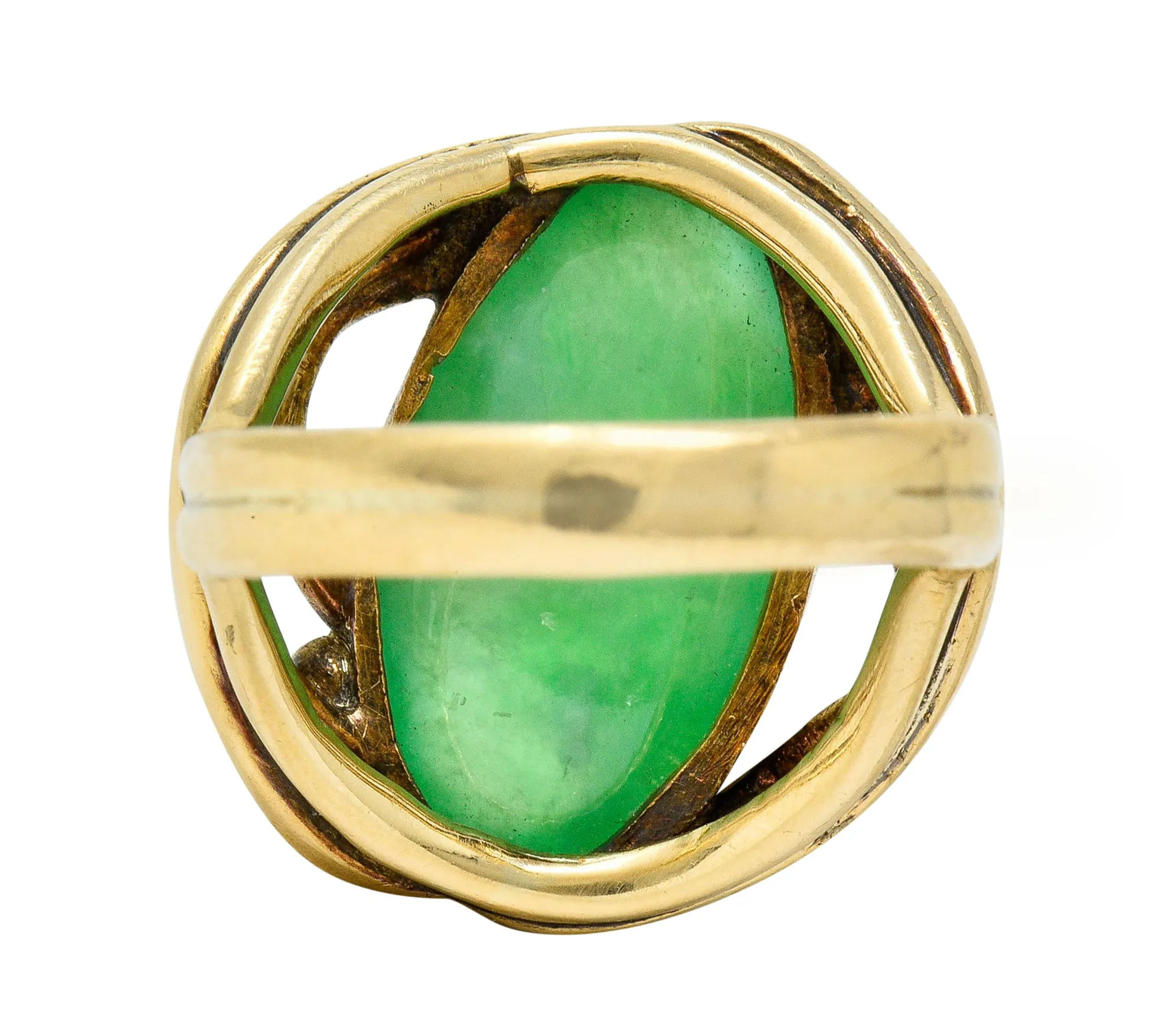 Art Nouveau Jadeite Jade Cabochon 14 Karat Gold Band Ring GIA