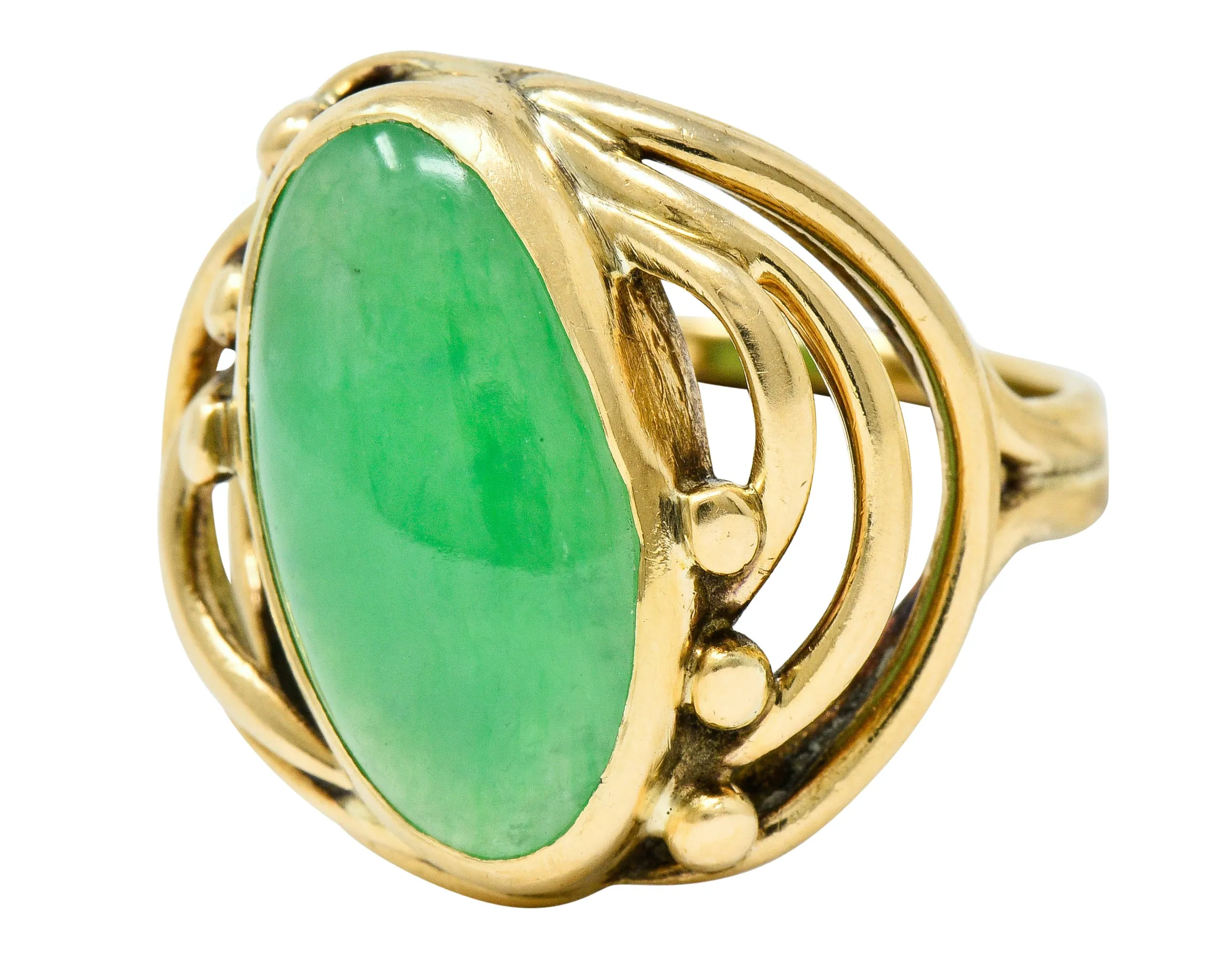 Art Nouveau Jadeite Jade Cabochon 14 Karat Gold Band Ring GIA