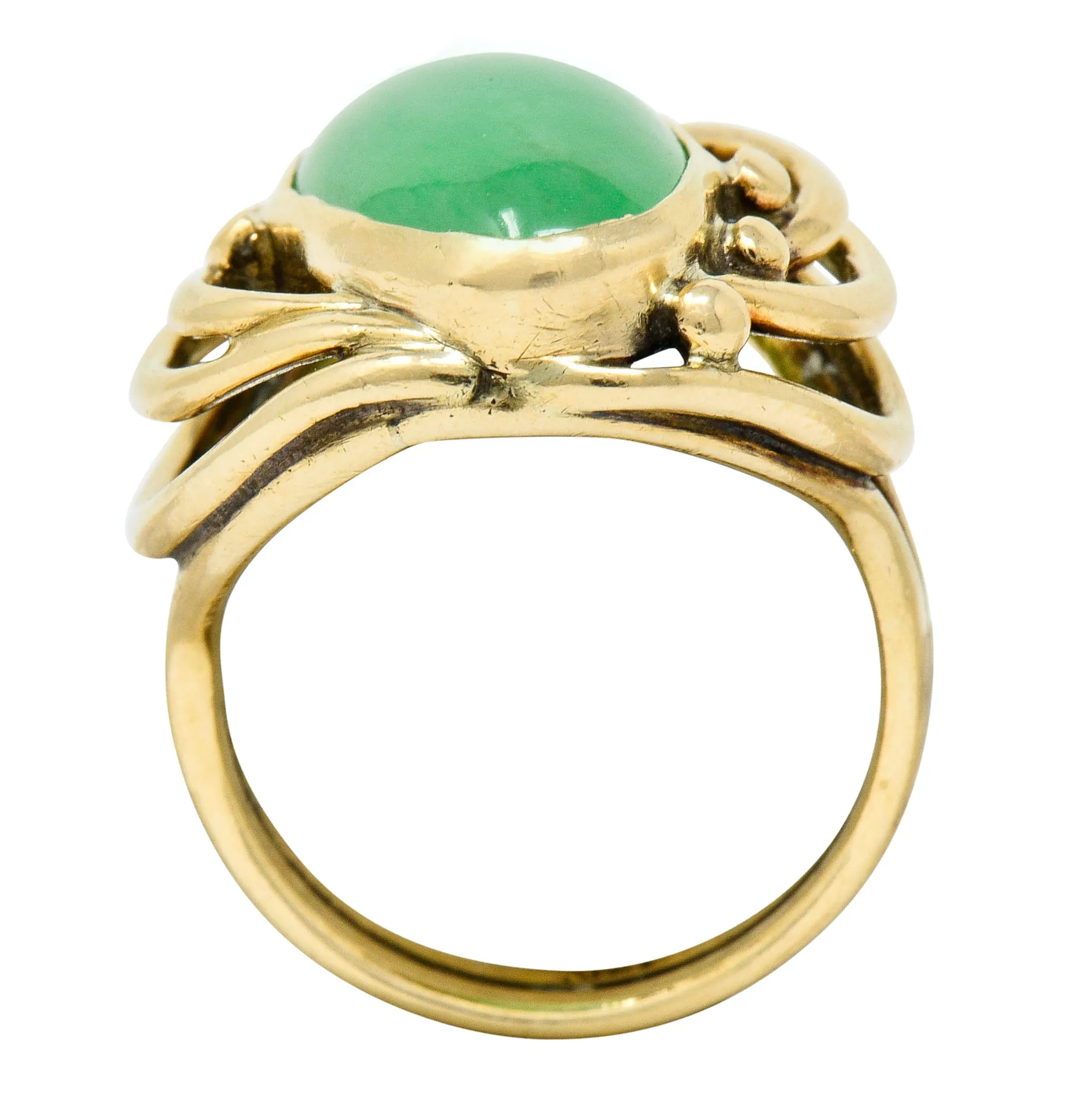 Art Nouveau Jadeite Jade Cabochon 14 Karat Gold Band Ring GIA