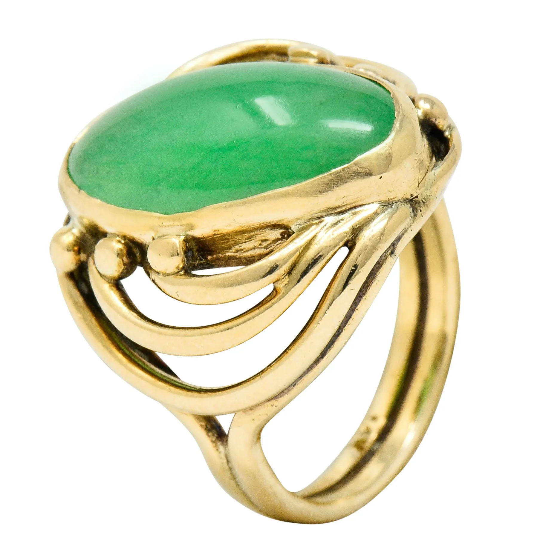 Art Nouveau Jadeite Jade Cabochon 14 Karat Gold Band Ring GIA