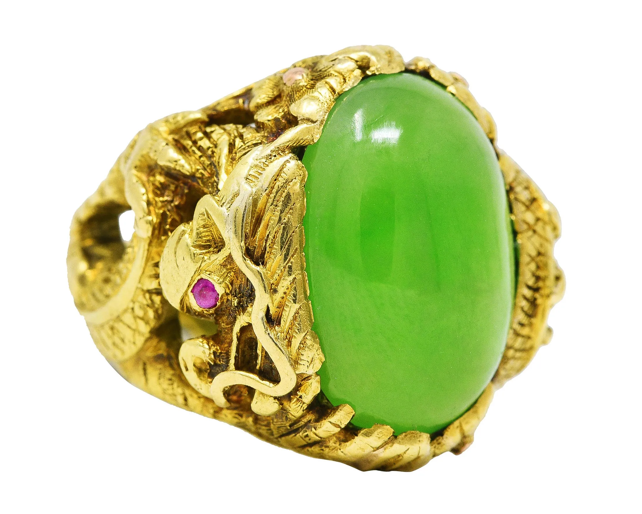 Art Nouveau Jadeite Jade Ruby 18 Karat Yellow Gold Dragon Antique Ring GIA