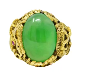 Art Nouveau Jadeite Jade Ruby 18 Karat Yellow Gold Dragon Antique Ring GIA