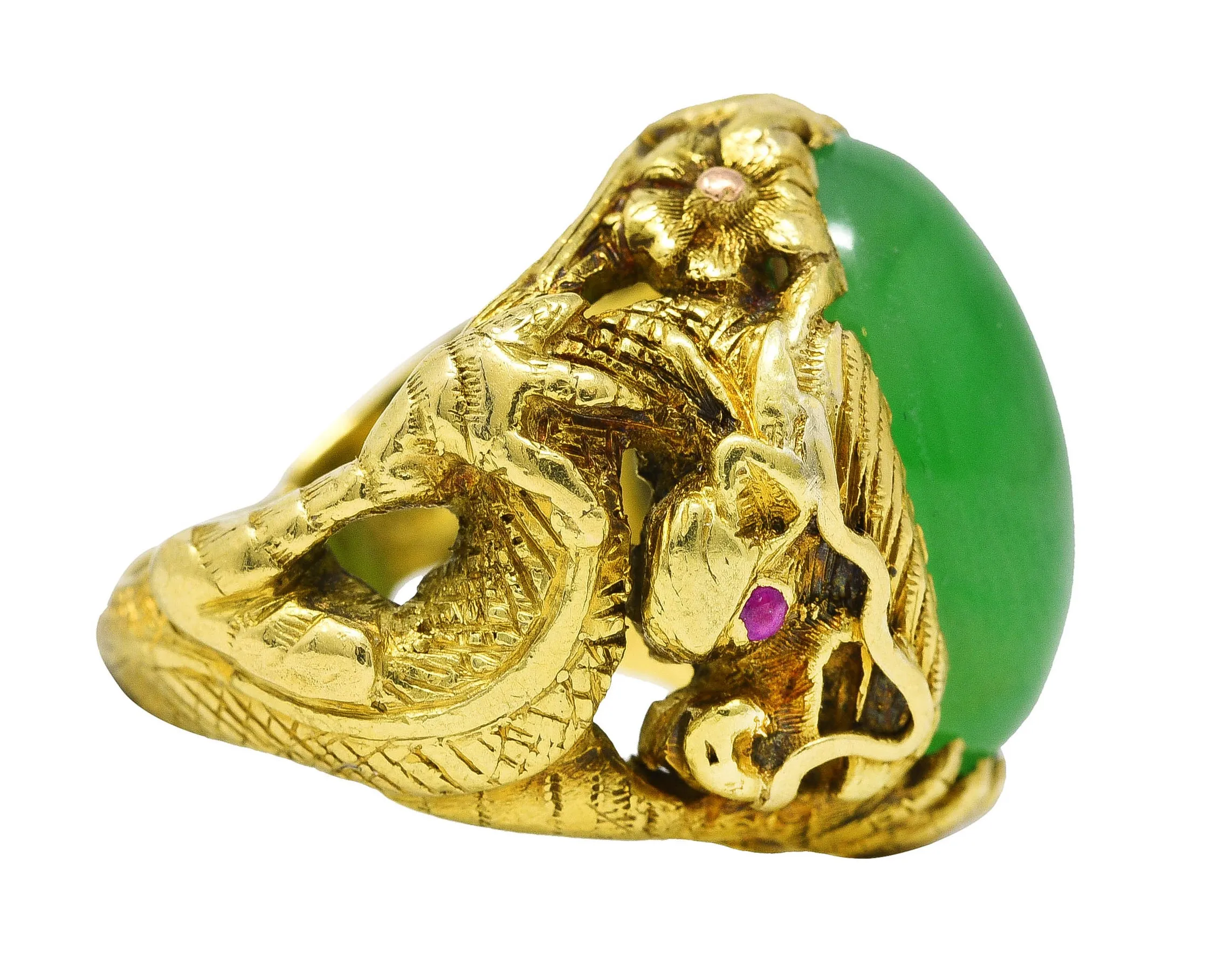 Art Nouveau Jadeite Jade Ruby 18 Karat Yellow Gold Dragon Antique Ring GIA