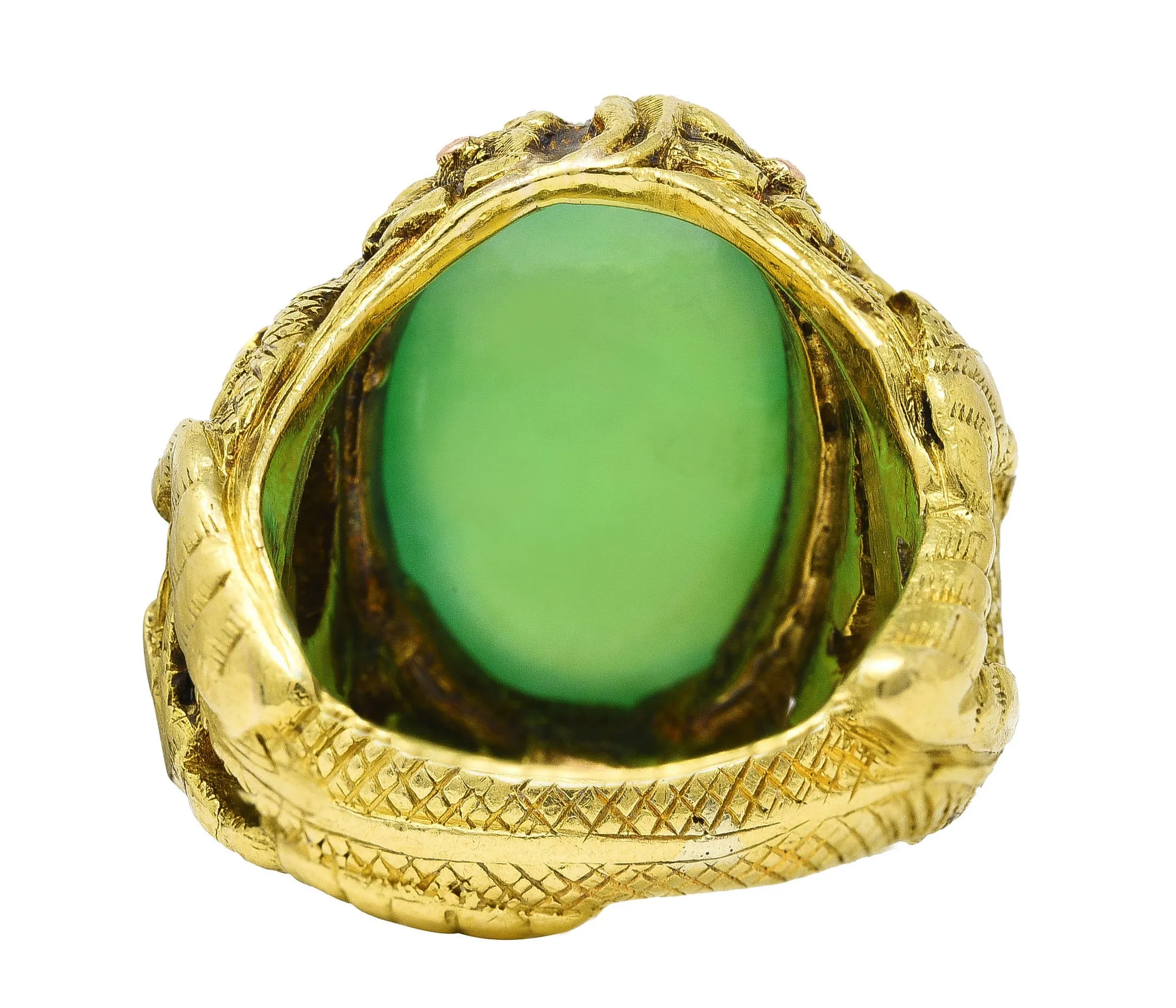 Art Nouveau Jadeite Jade Ruby 18 Karat Yellow Gold Dragon Antique Ring GIA