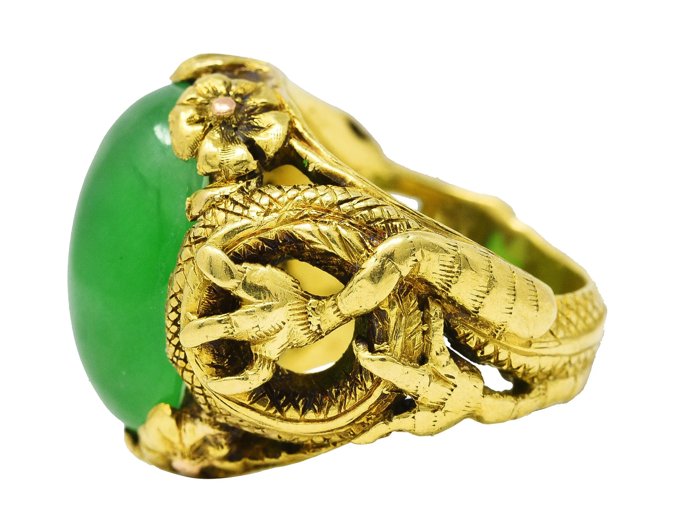 Art Nouveau Jadeite Jade Ruby 18 Karat Yellow Gold Dragon Antique Ring GIA