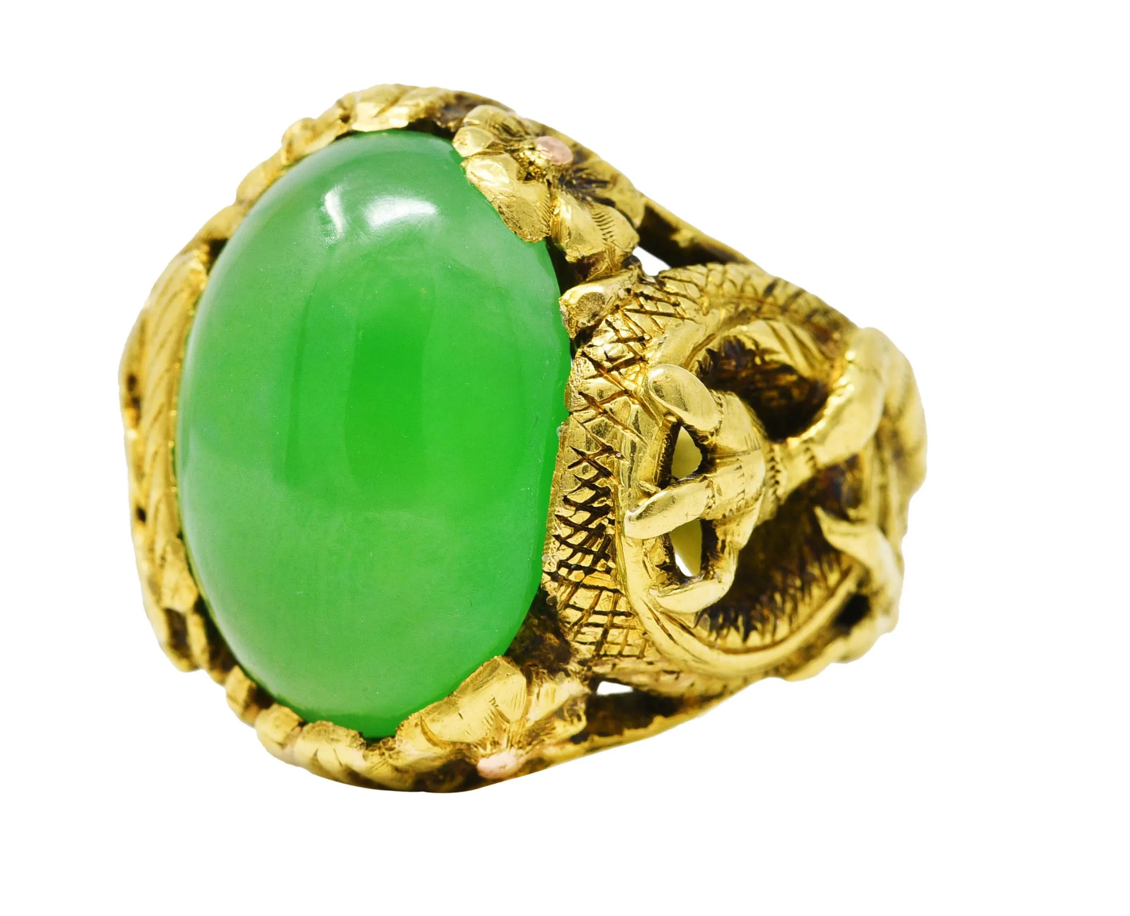 Art Nouveau Jadeite Jade Ruby 18 Karat Yellow Gold Dragon Antique Ring GIA