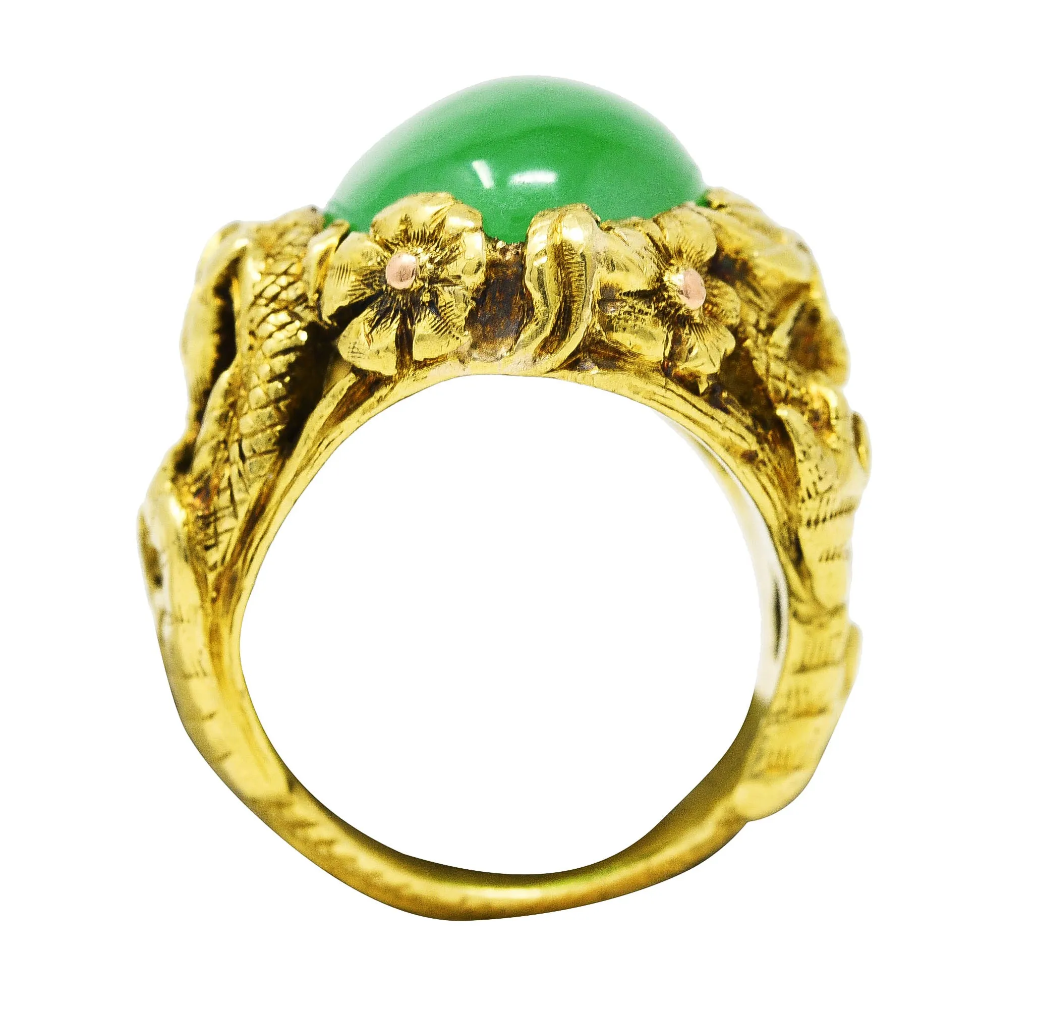 Art Nouveau Jadeite Jade Ruby 18 Karat Yellow Gold Dragon Antique Ring GIA