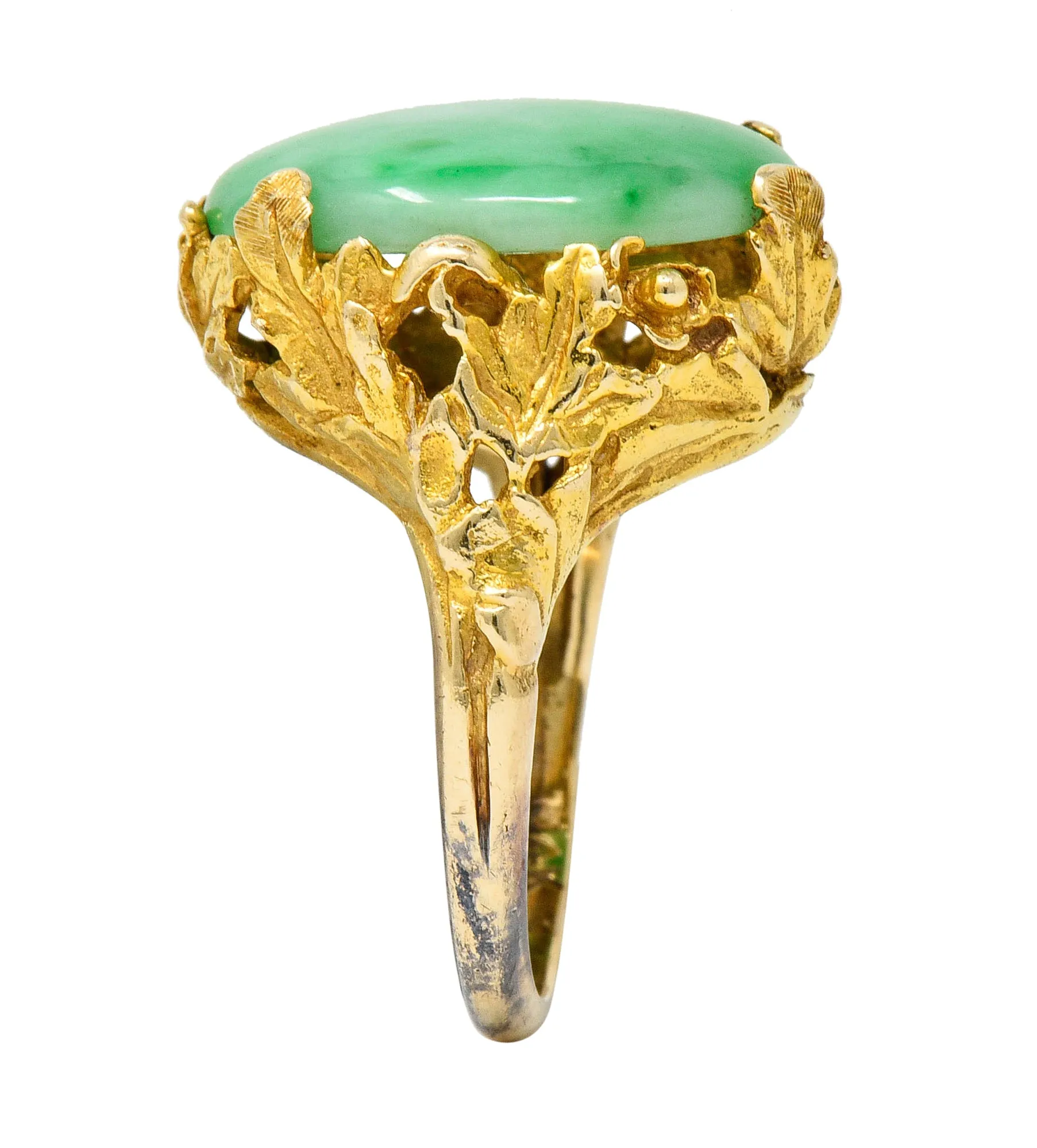 Arts & Crafts Jade 14 Karat Gold Floral & Foliate Ring