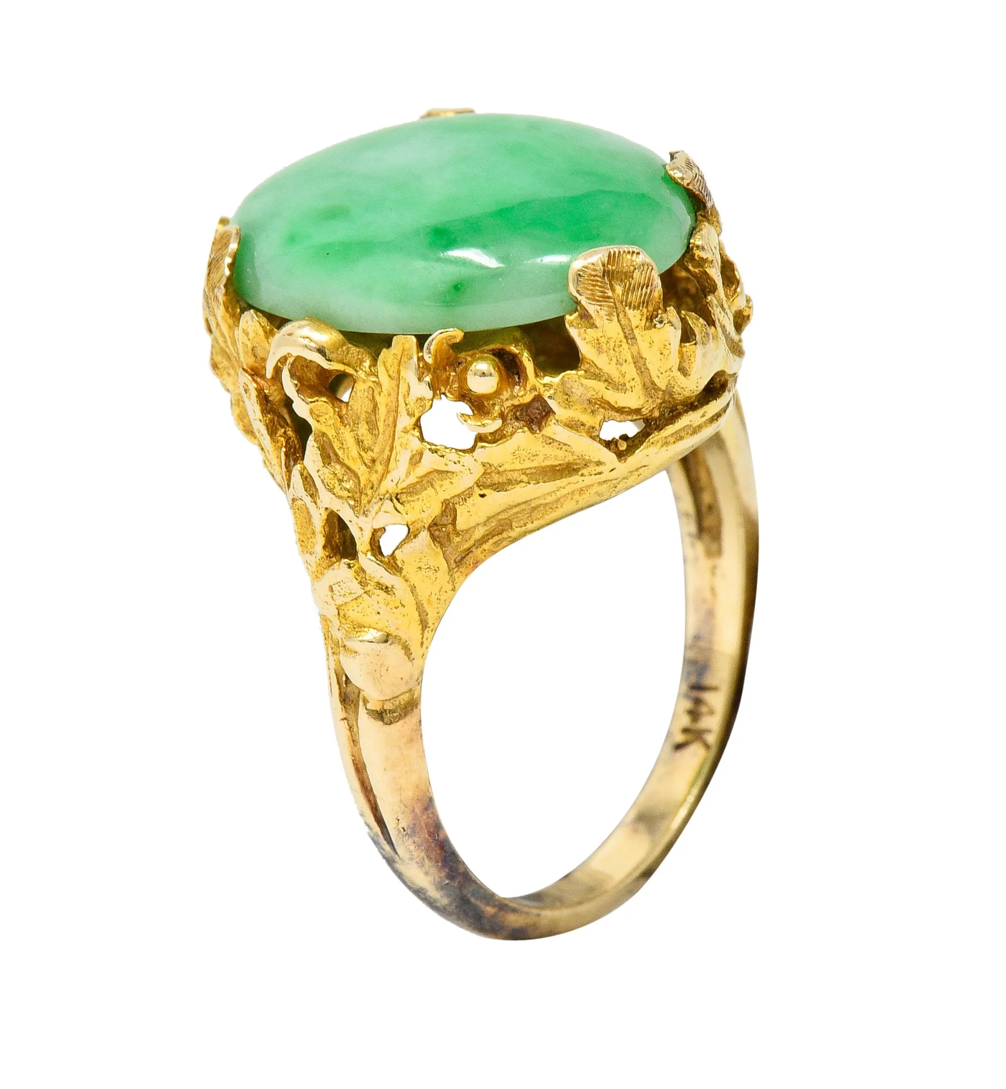 Arts & Crafts Jade 14 Karat Gold Floral & Foliate Ring